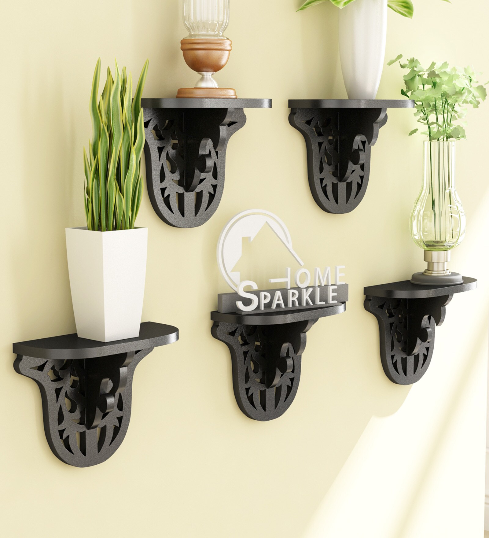 Set of 5 Engineered Wood Carved Floating Wall Shelf in Black Colour