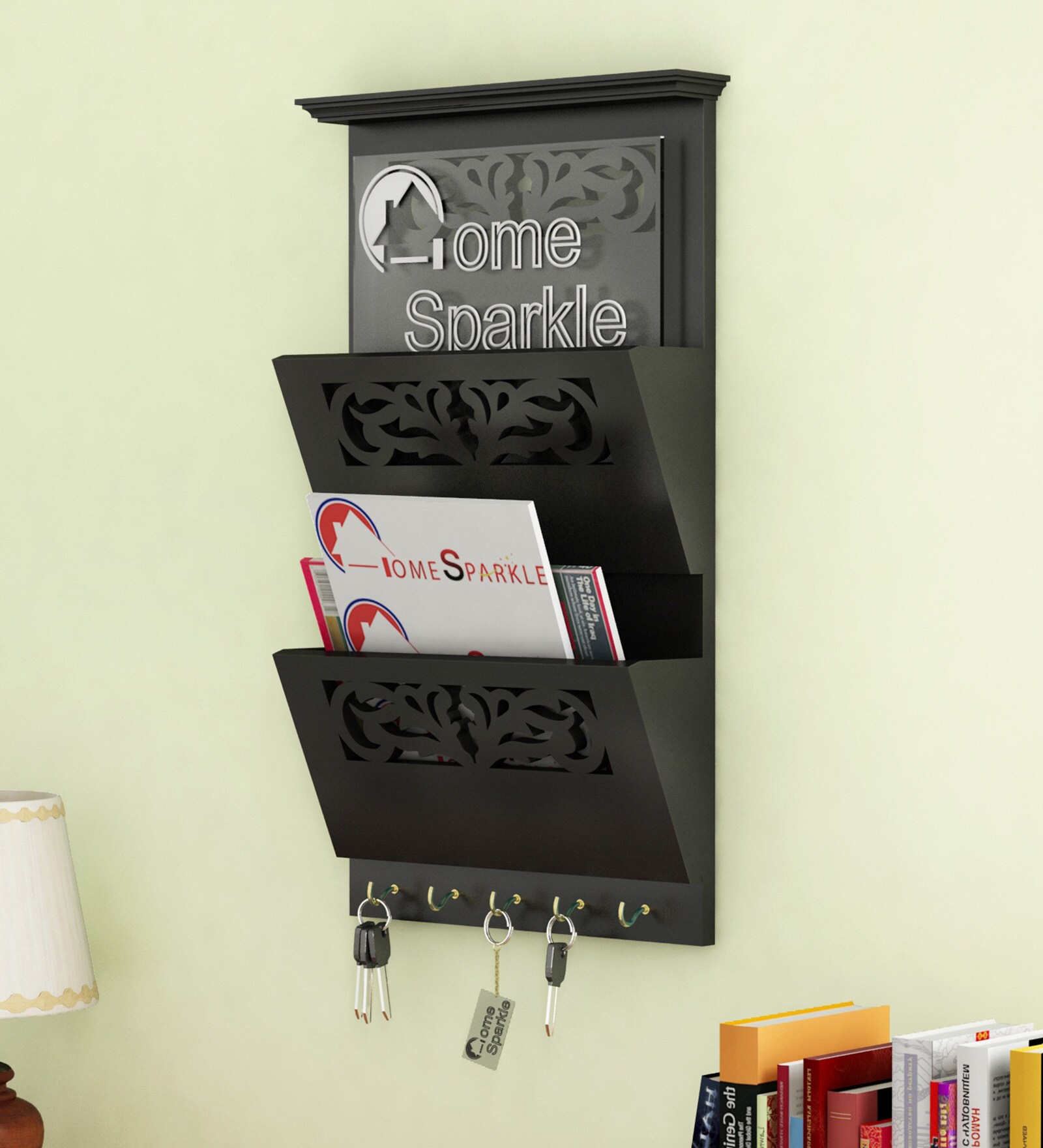 Engineered Wood Wall Mounted Magazine Holder in Black Colour