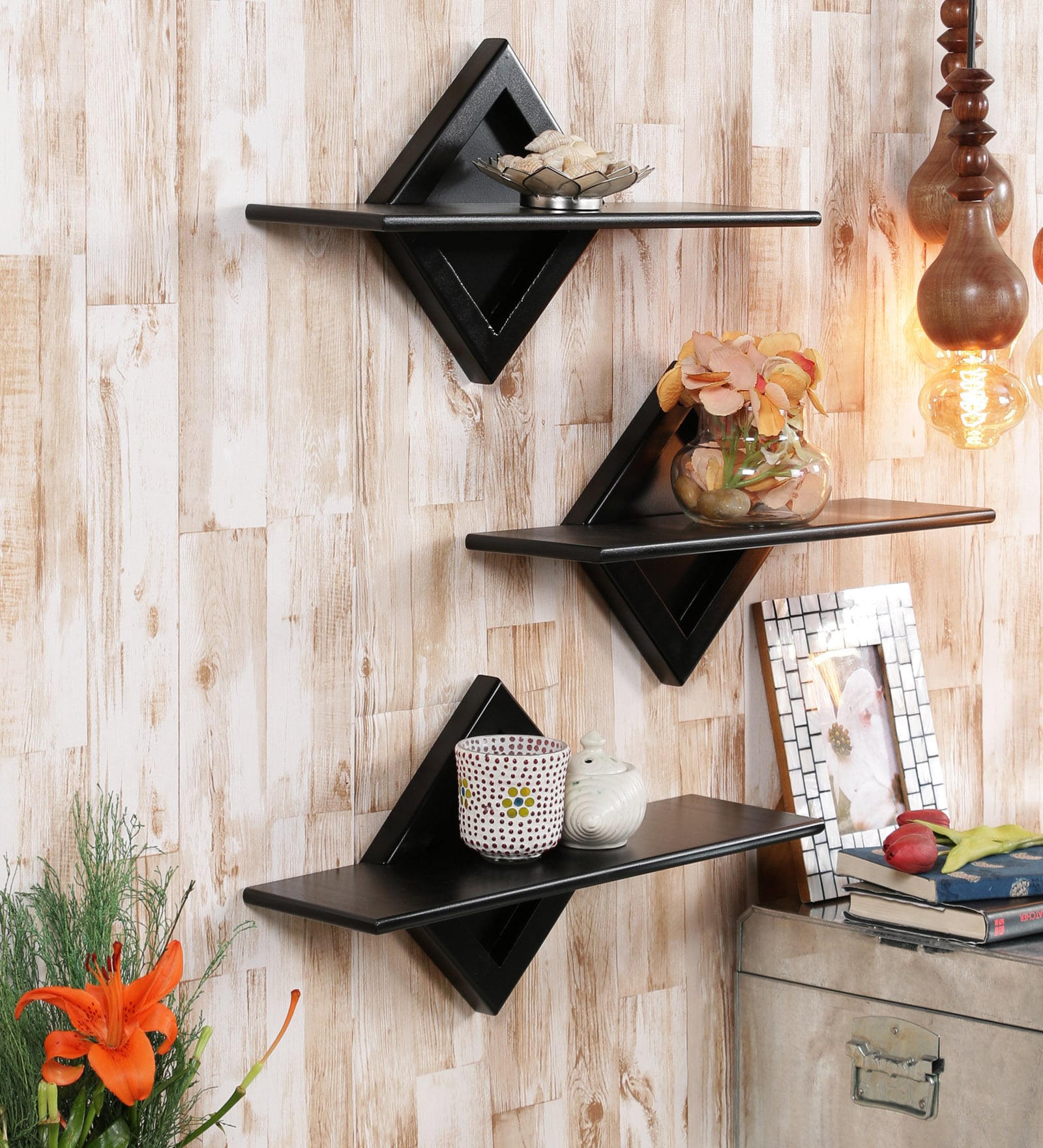 Set of 3 Engineered Wood Floating Wall Shelf in Black Colour
