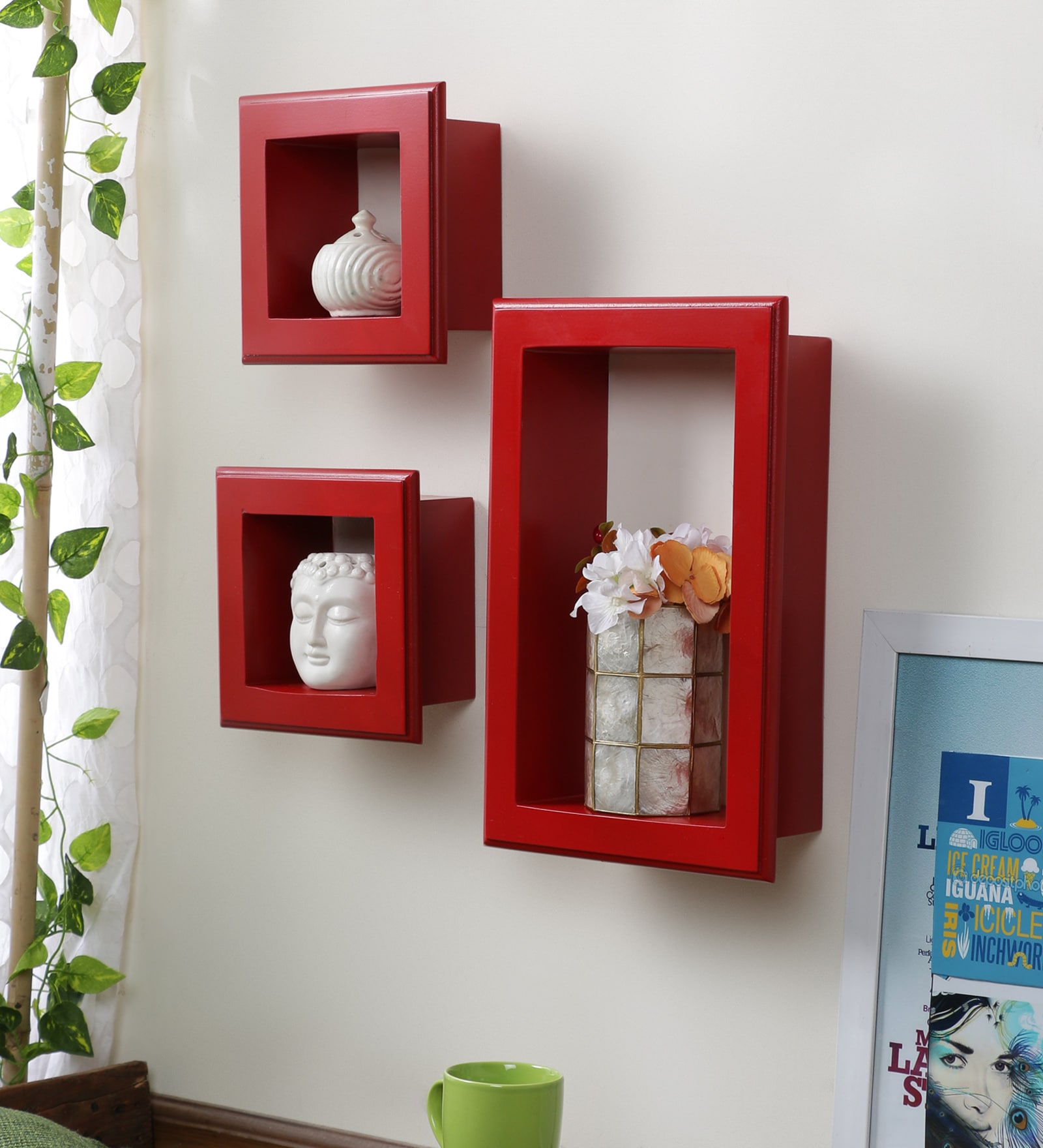 Set of 3 Engineered Wood Wall Shelf with Frames in Red Colour