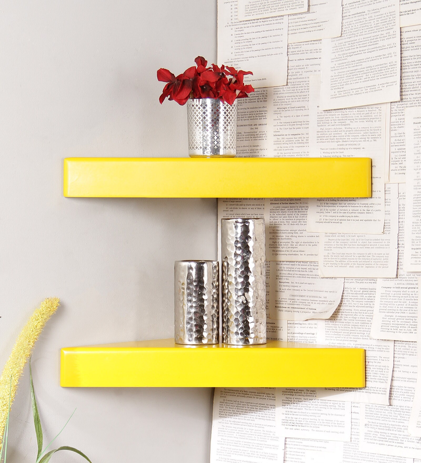 Buy Set of 2 Engineered Wood Corner Wall Shelf in Yellow Colour by Home