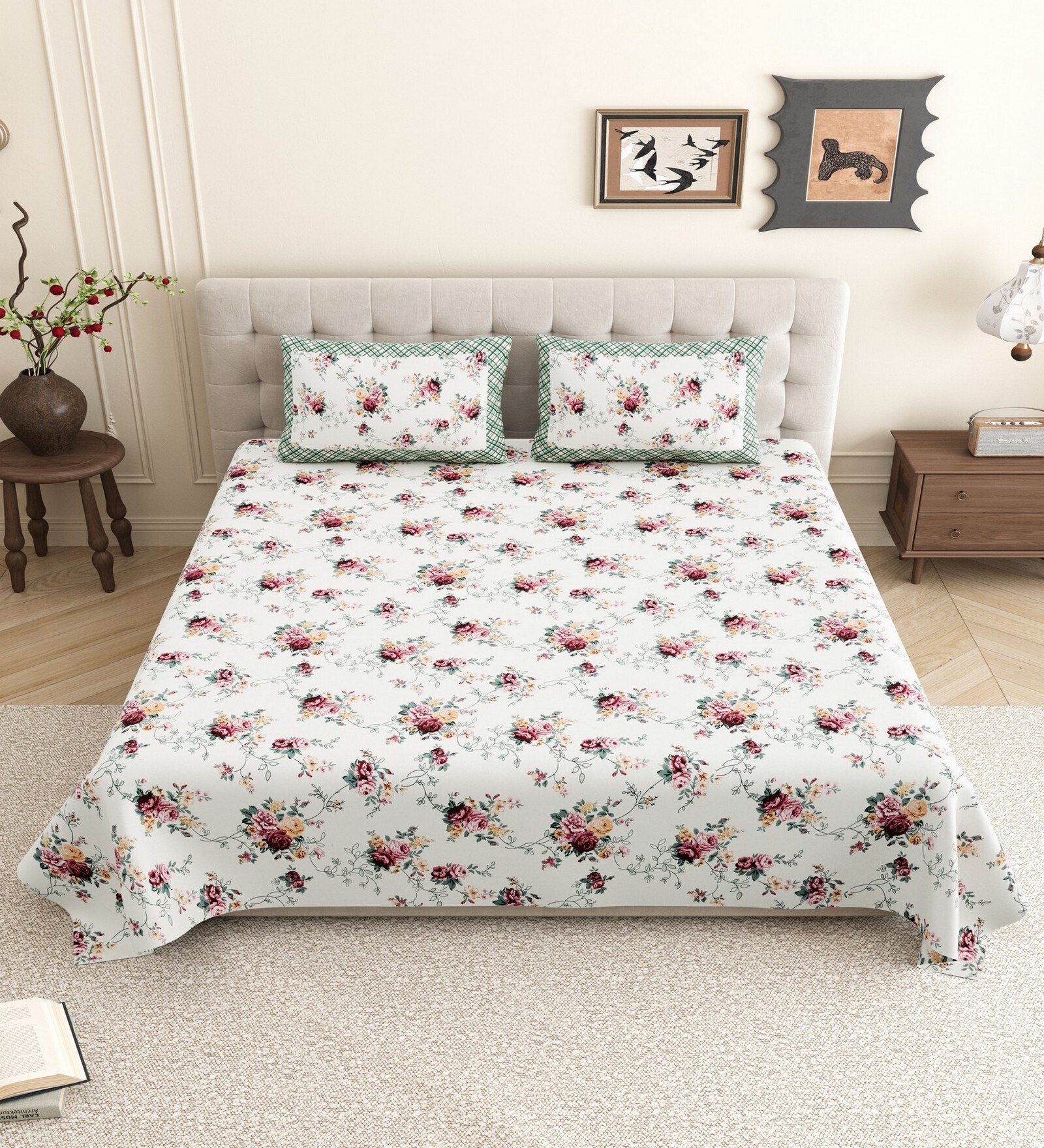 Green Floral 144 TC Cotton King Size  King Size Bedsheet With 2 Pillow Cover
