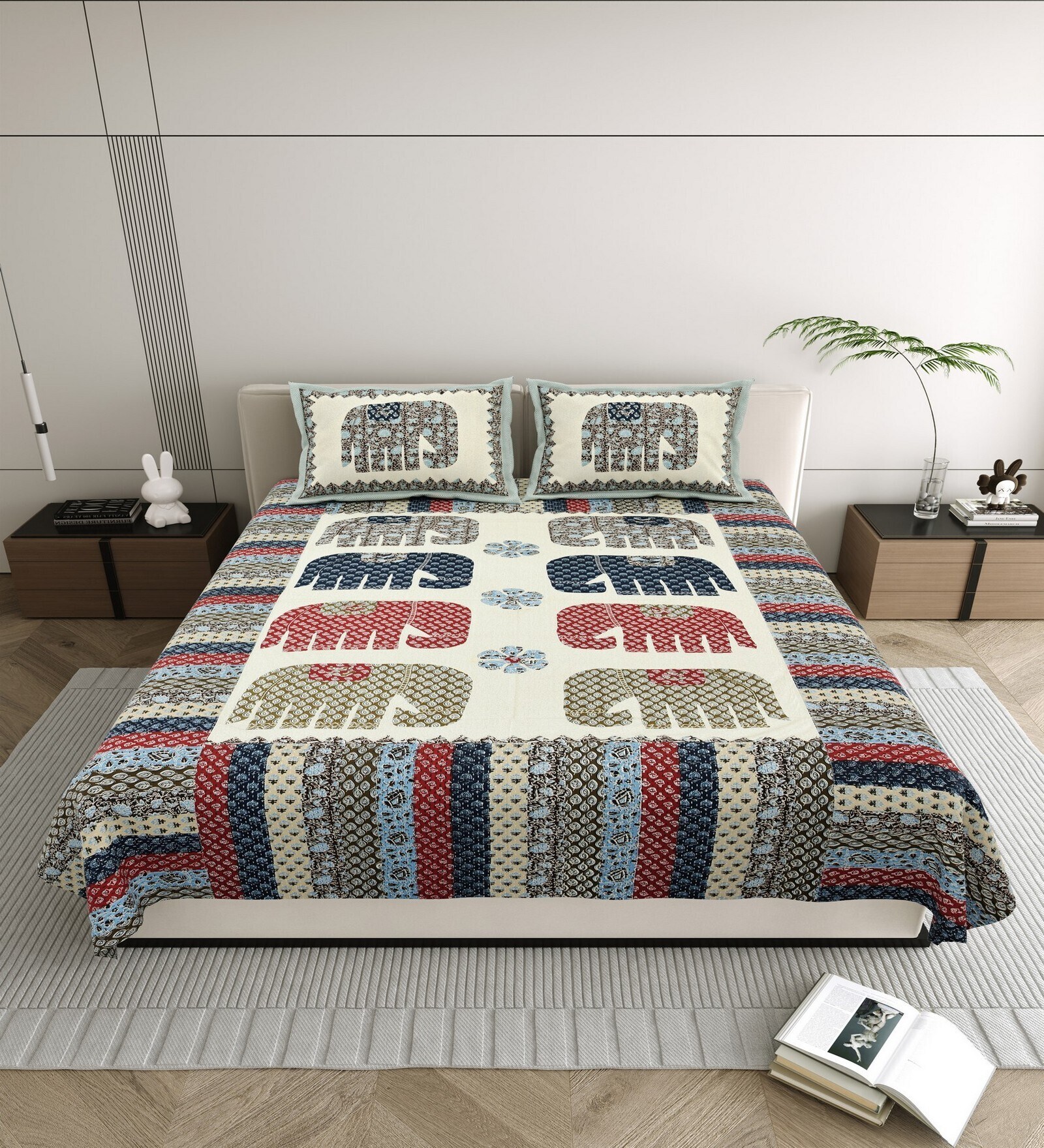 Green Elephant Print 144 TC Cotton Size Double  Bedsheet With 2 Pillow Cover