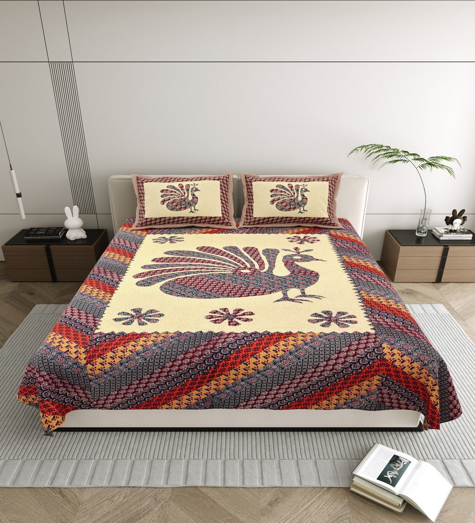 Plum Peacock Print 144 TC Cotton Size Double  Bedsheet With 2 Pillow Cover