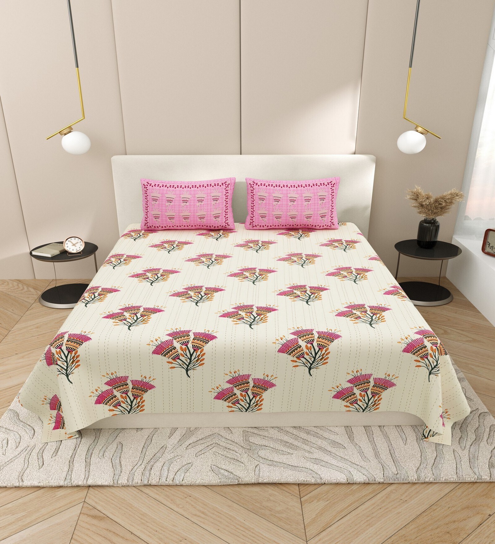 Cream Floral 144 TC Cotton King Size  Bedsheet With 2 Pillow Cover