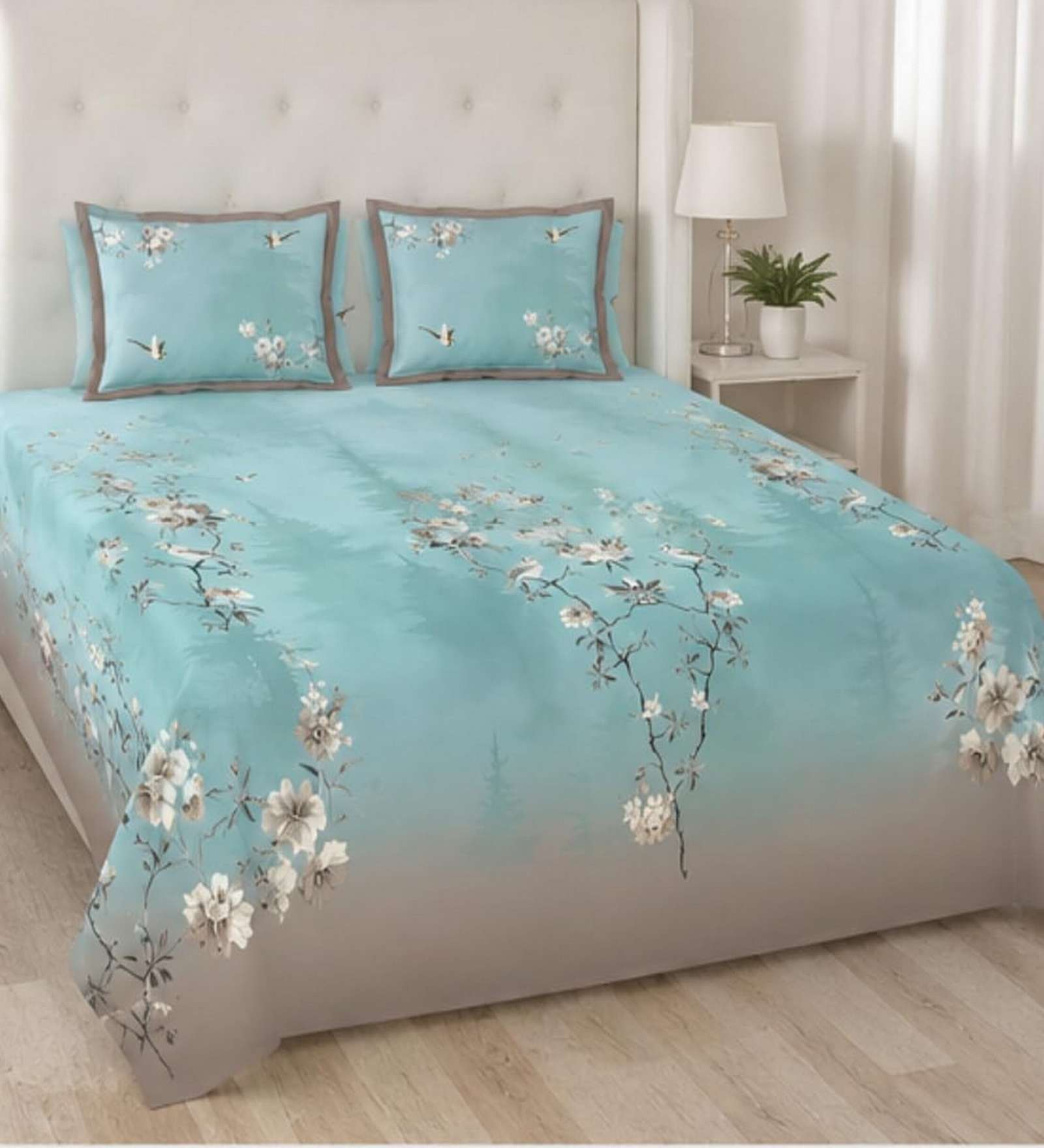 Green Floral print 144 TC Cotton King Size  Bedsheet With 2 Pillow Cover