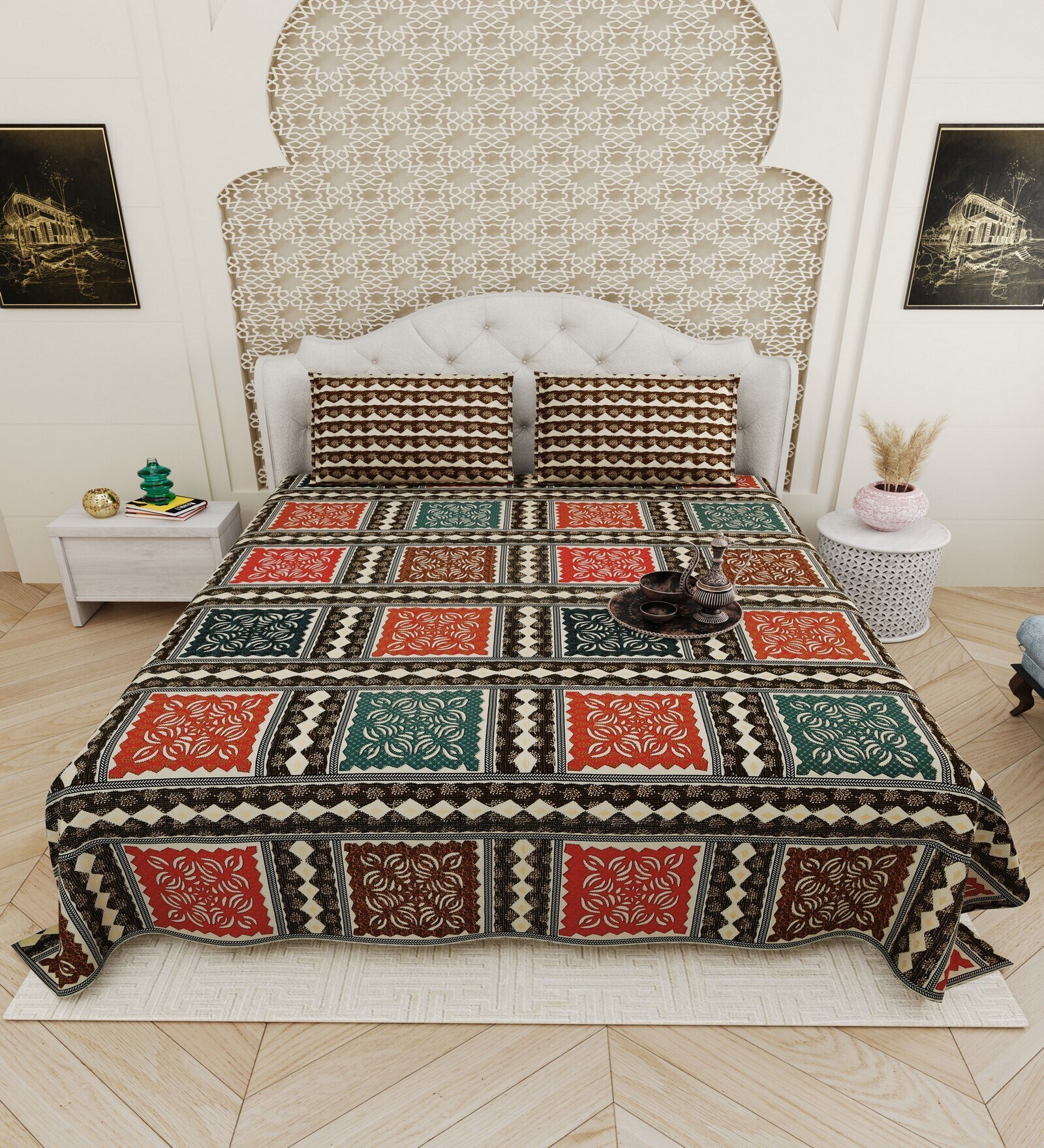 Green And Red Traditional print 144 TC Cotton King Size  Bedsheet With 2 Pillow Cover