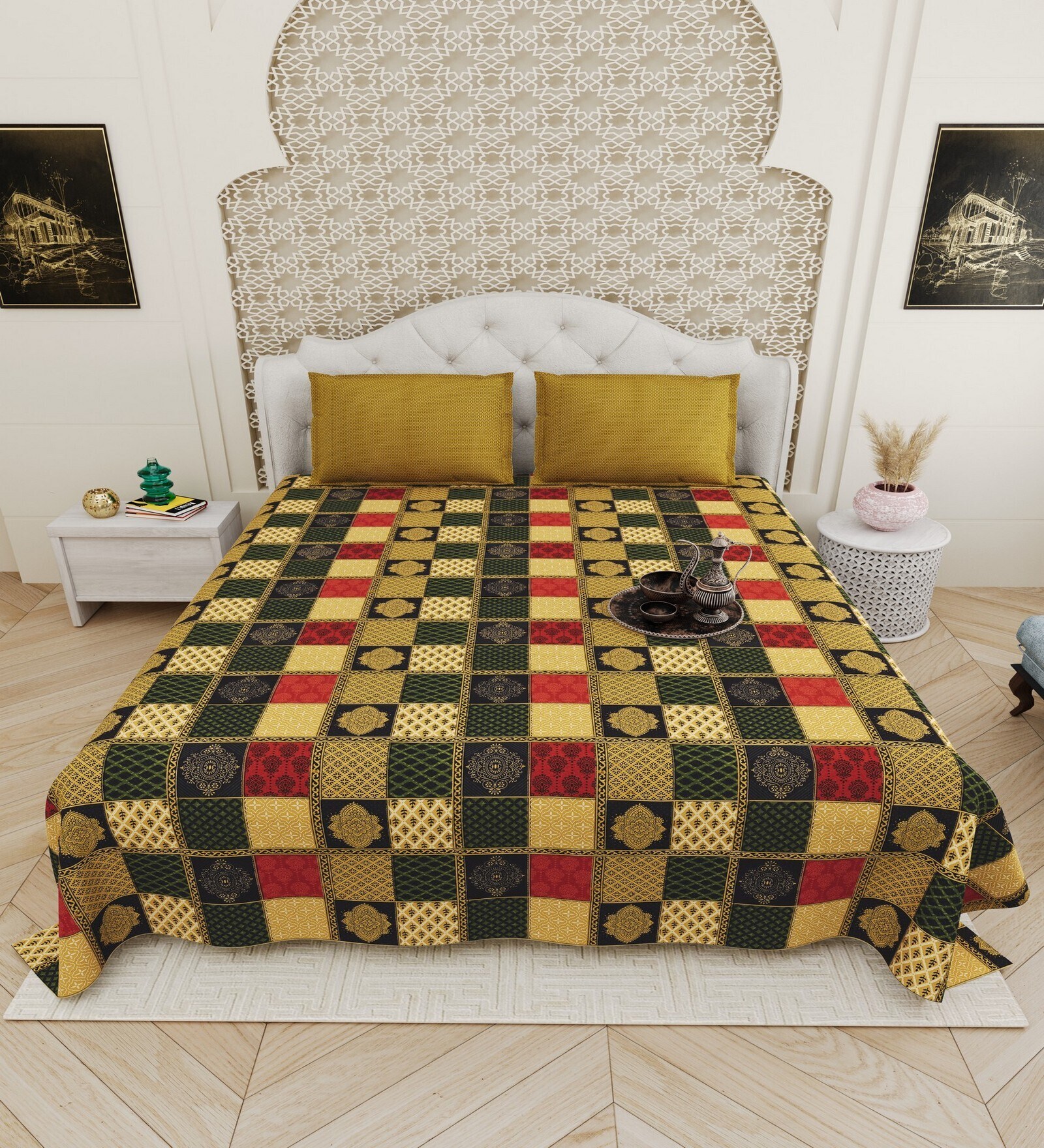 Yellow Traditional print 144 TC Cotton King Size  Bedsheet With 2 Pillow Cover