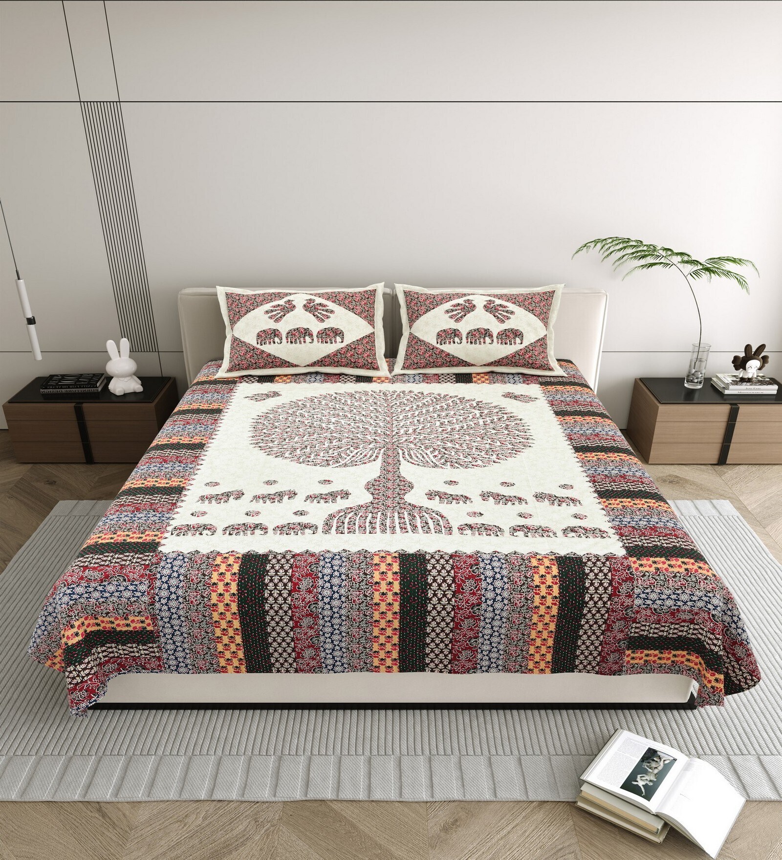 Cream And Brown Traditional 144 TC Cotton King Size  King Size Bedsheet With 2 Pillow Cover