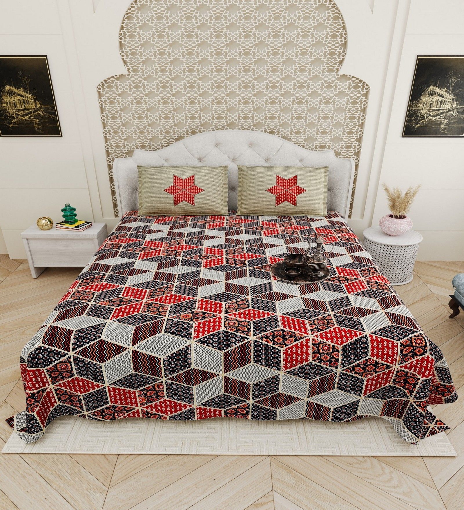Red Traditional print 144 TC Cotton King Size  Bedsheet With 2 Pillow Cover