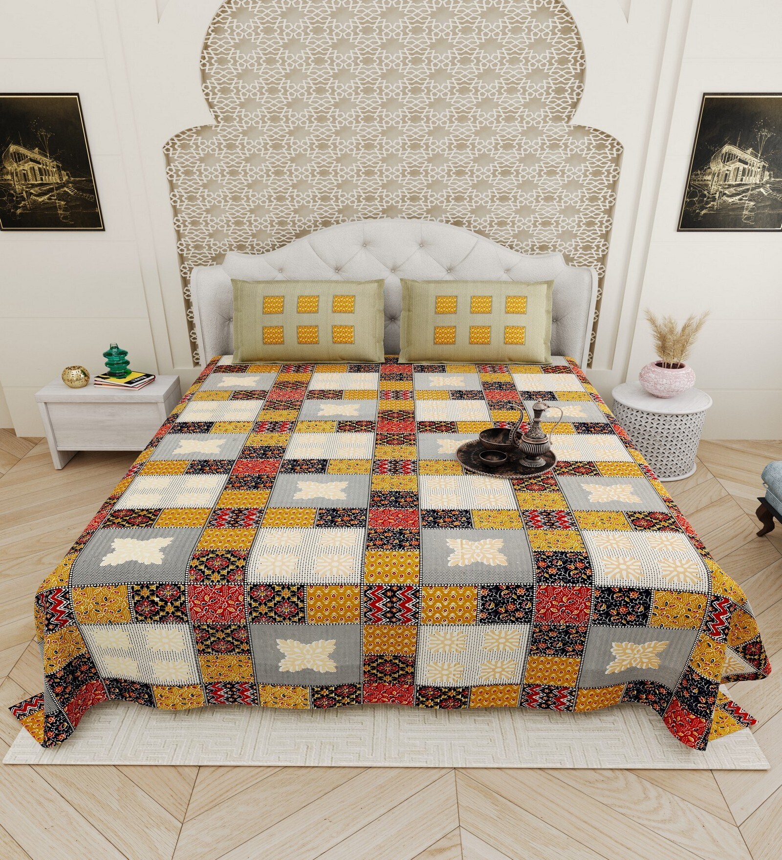 Yellow Traditional print 144 TC Cotton King Size  Bedsheet With 2 Pillow Cover