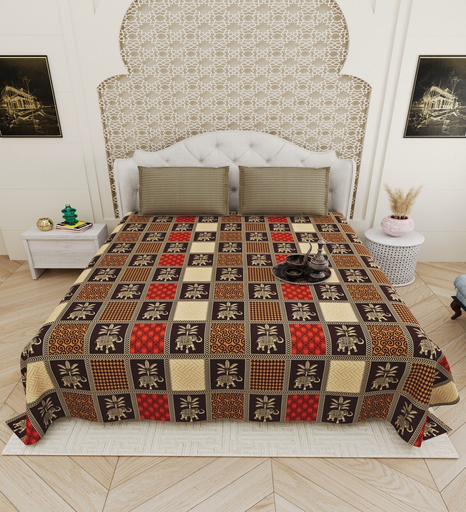 Beige Traditional print 144 TC Cotton King Size  Bedsheet With 2 Pillow Cover