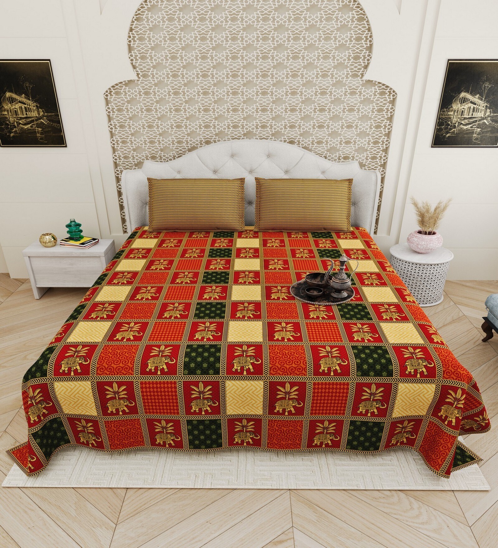Orange Traditional print 144 TC Cotton King Size  Bedsheet With 2 Pillow Cover