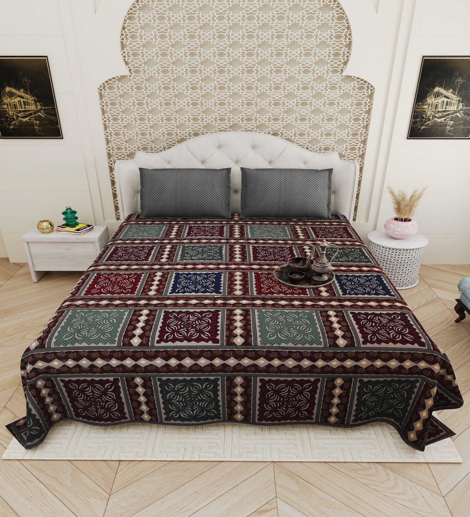 Grey Traditional print 144 TC Cotton King Size  Bedsheet With 2 Pillow Cover