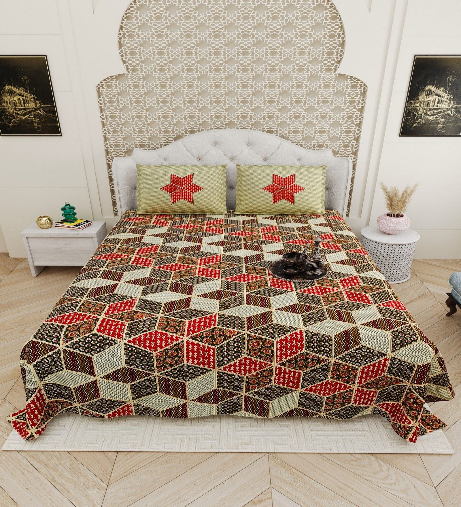 Brown And Red Traditional print 144 TC Cotton King Size  Bedsheet With 2 Pillow Cover