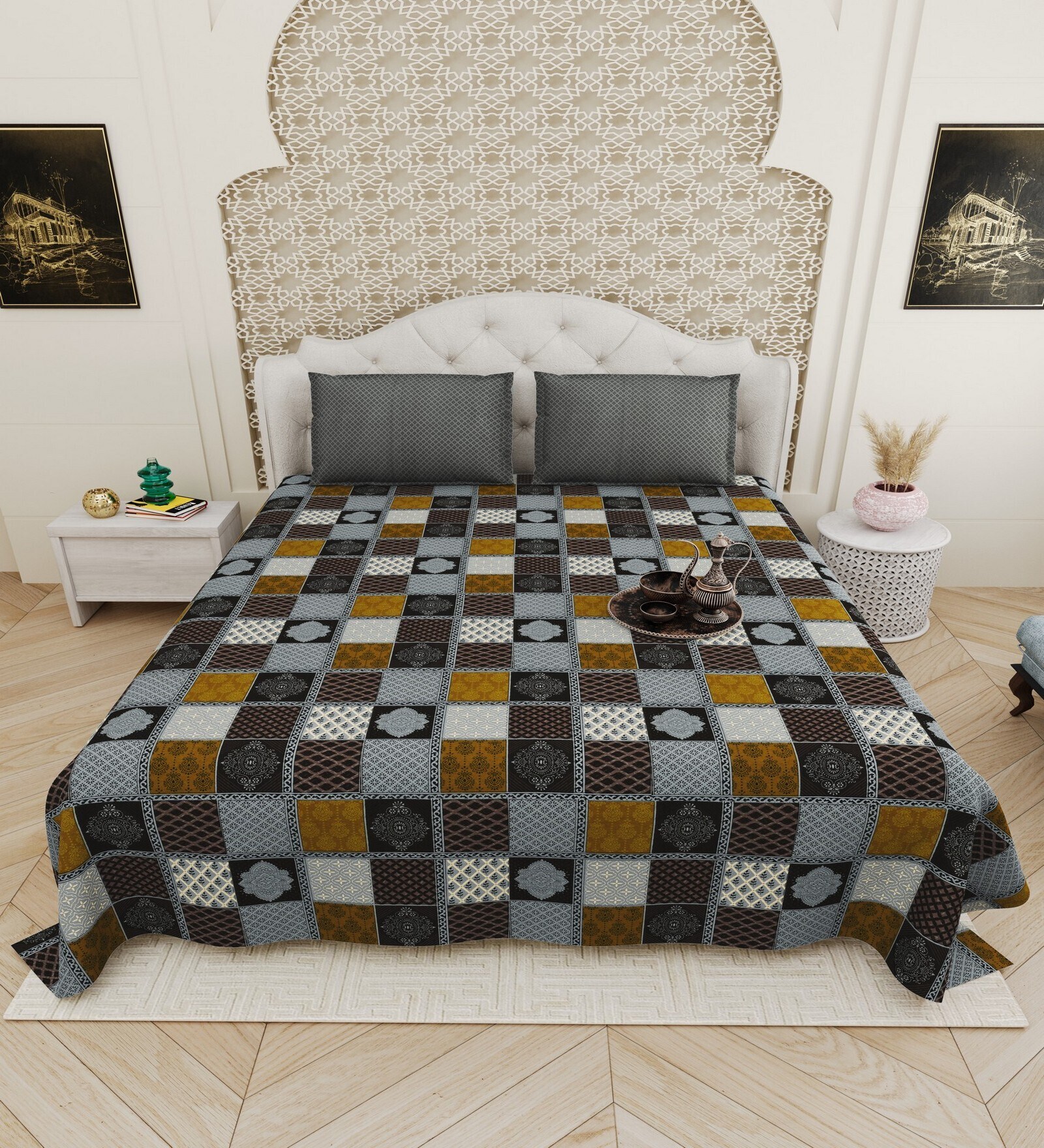 Grey Traditional print 144 TC Cotton King Size  Bedsheet With 2 Pillow Cover