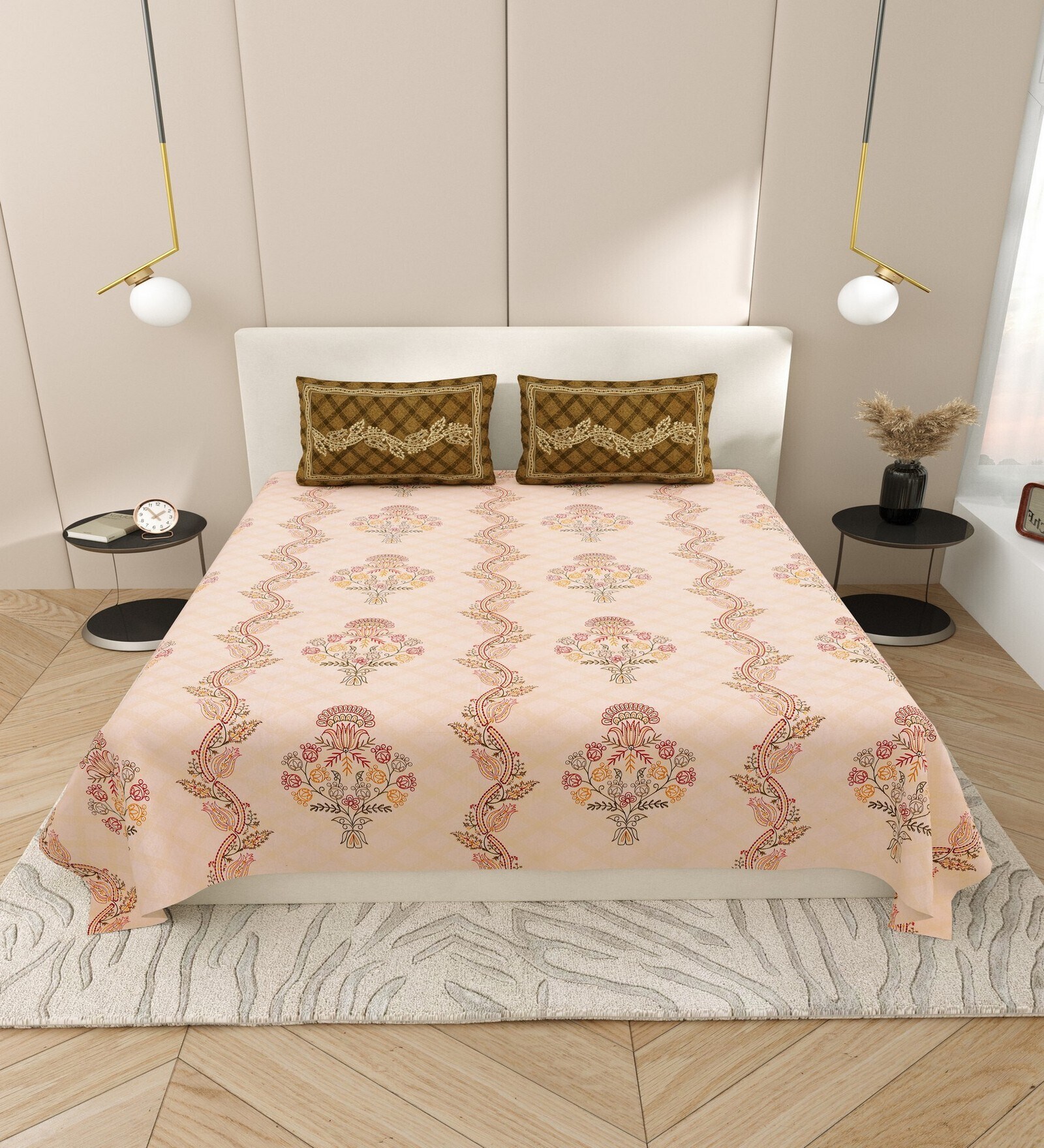 Peach Block Print  144 TC Cotton King Size  Bedsheet With 2 Pillow Cover