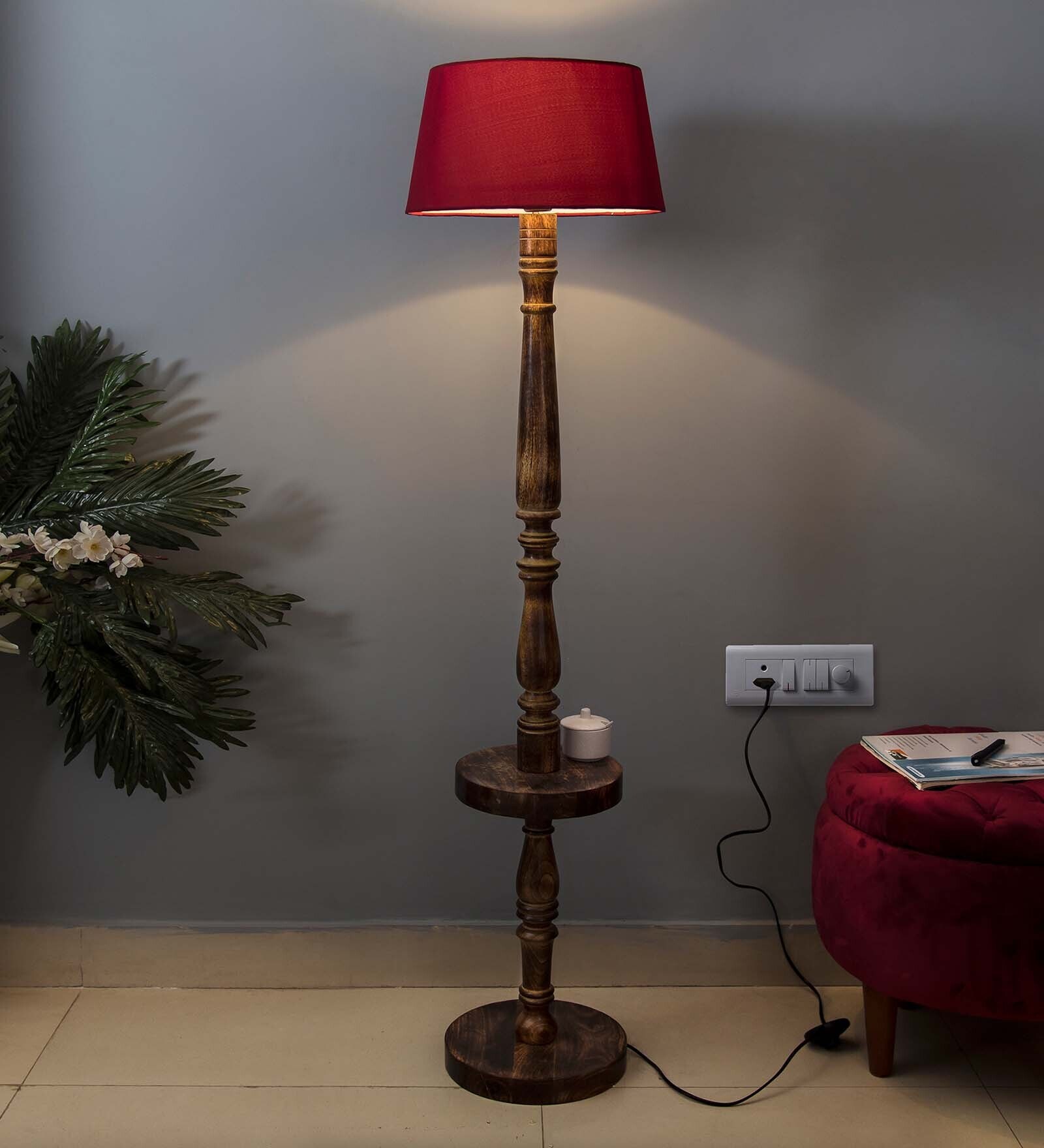 Accent Khadi Cotton Shade Shelf Floor Lamp With Wood Base