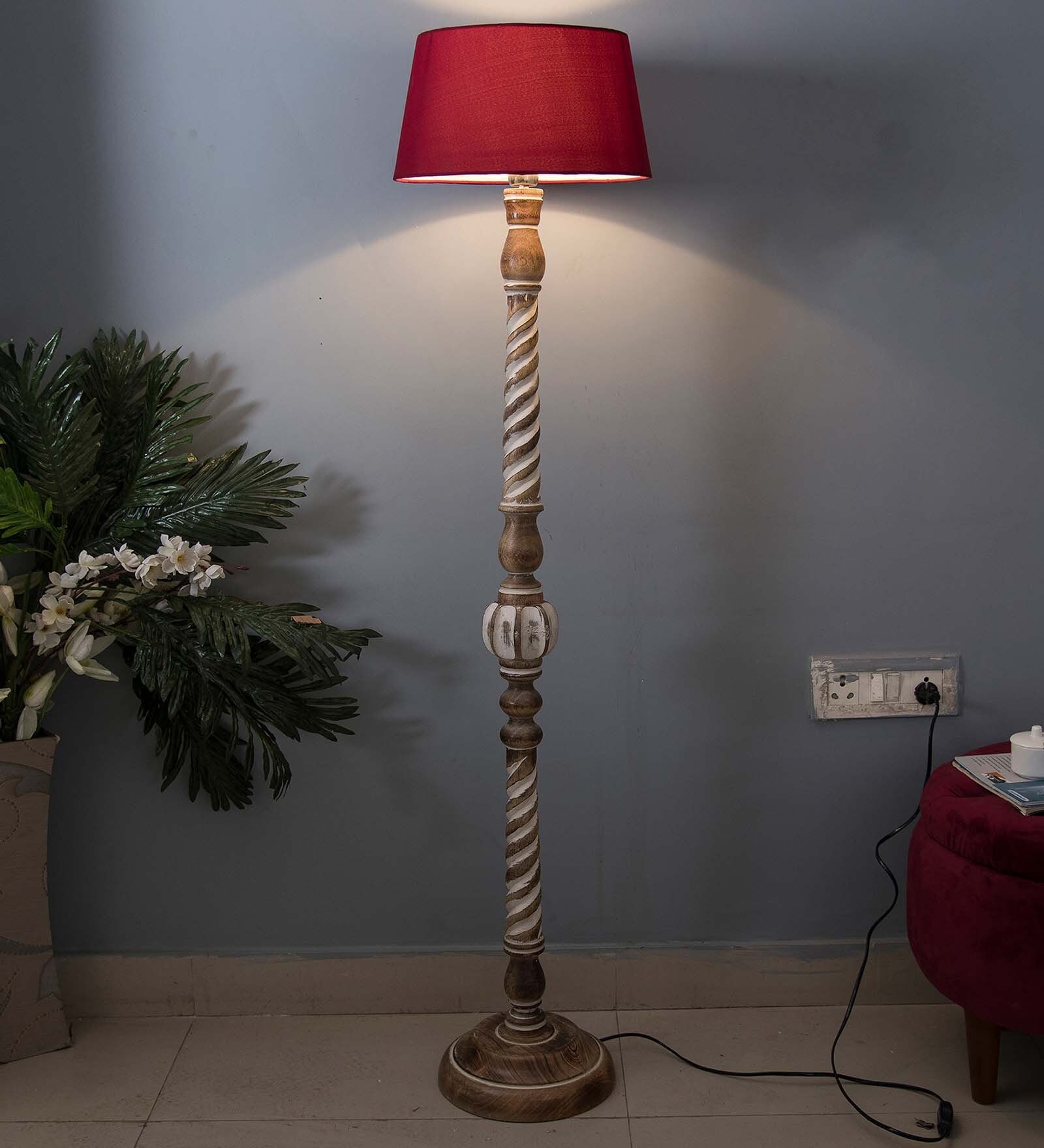 Homesake Classic Twister Antique White Finish Wooden Floor Lamp With Red Shade