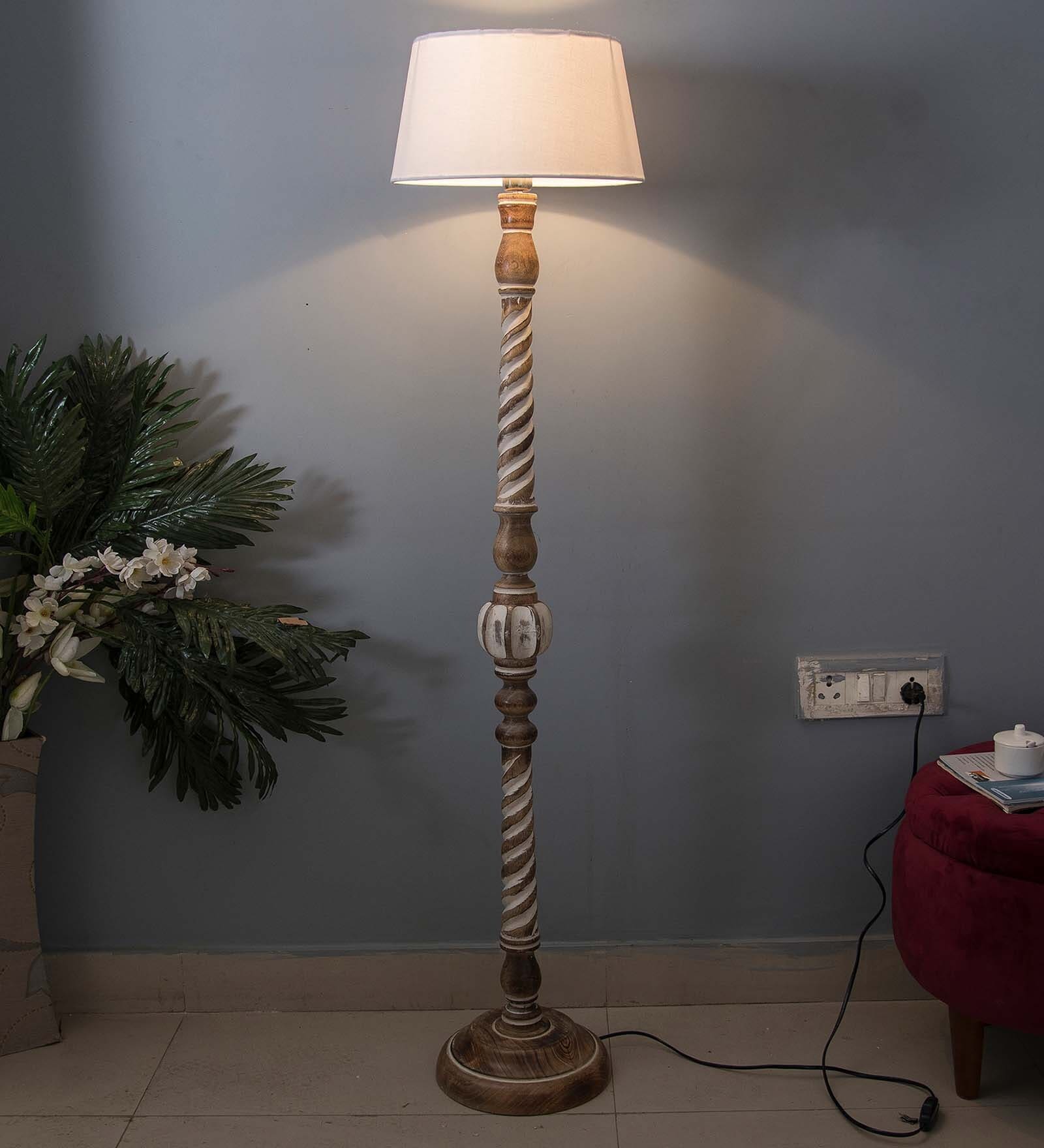 Kwan Off White Cotton Shade Club Floor Lamp With Wood Base