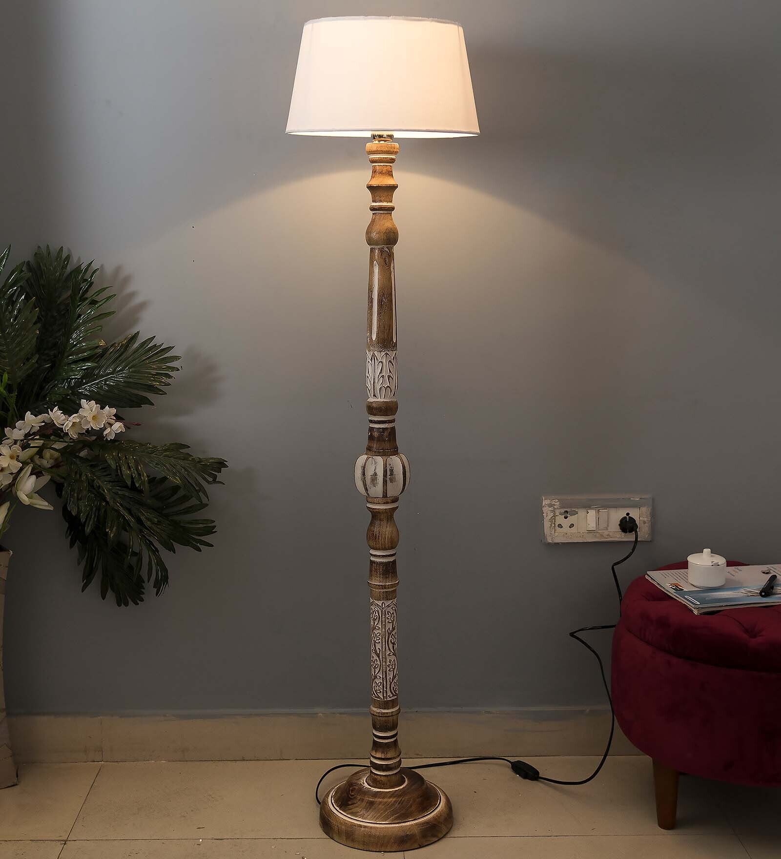 Chelsfield Off White Cotton Shade Club Floor Lamp With Wood Base