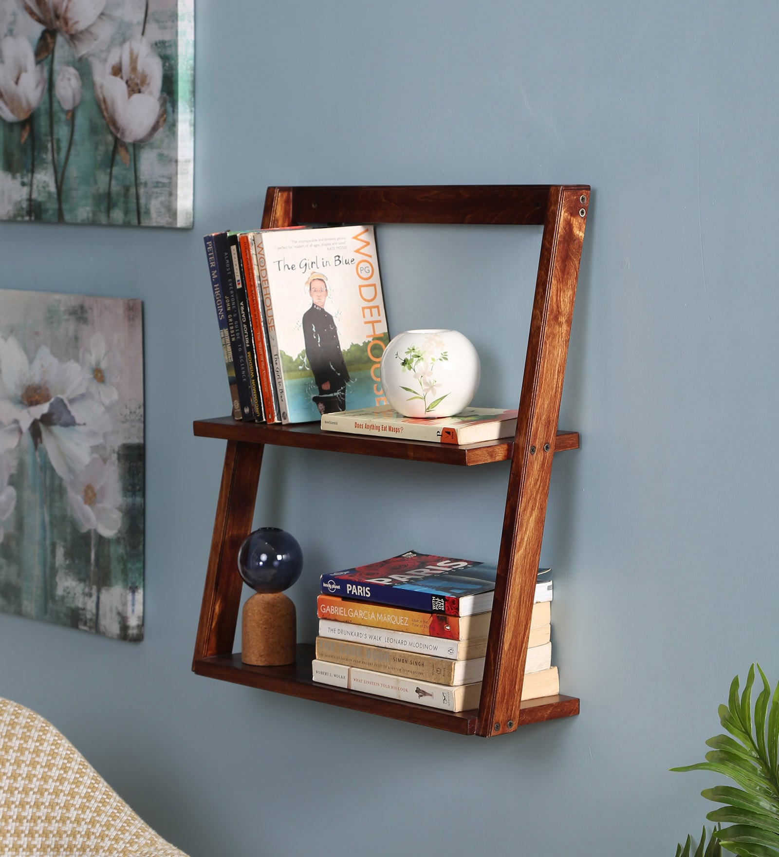 Birch Plywood Floating Book Shelf Cum Display Unit in Walnut Finish