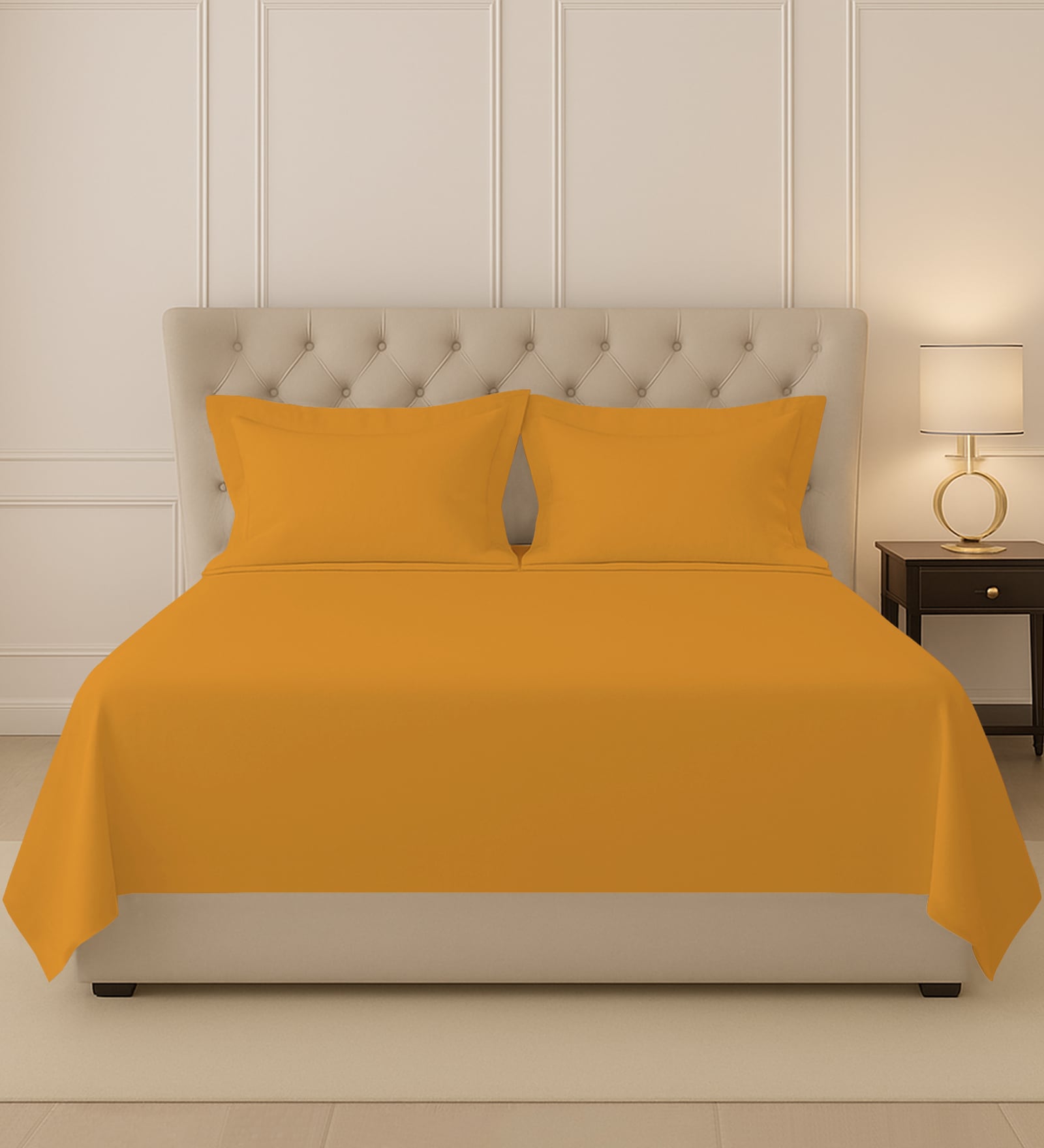 Honey Gold Solid 400 TC Cotton King Sized Bedsheet with 2 Pillow Covers