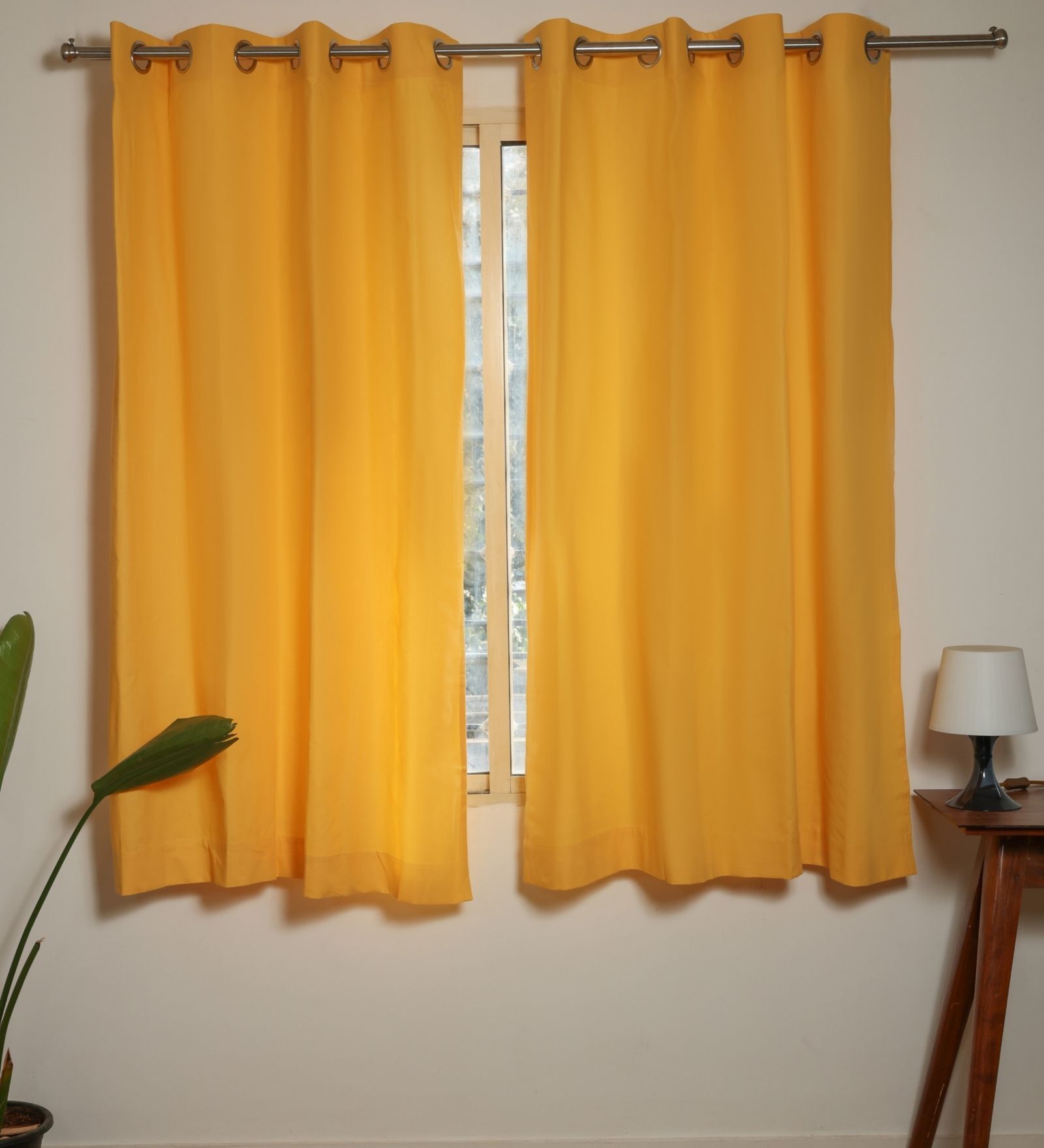 Honey Yellow Yellow Cotton 230 GSM  Solid 5 Feet Room Darkening Eyelet Window Curtains (2 Pc)