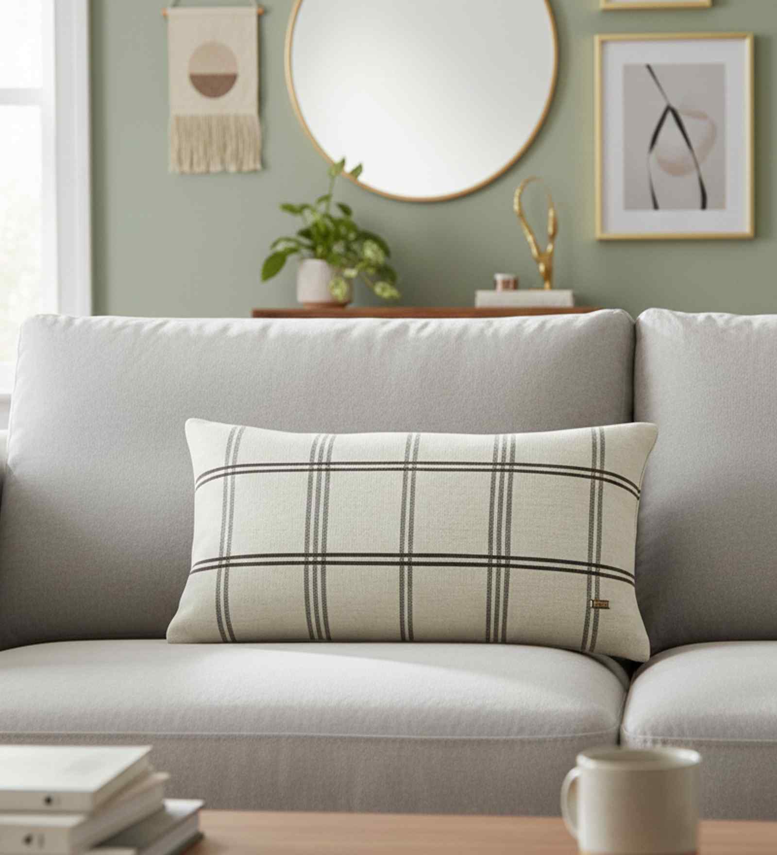 Honeydew & Natural 100% Cotton Windowpane 12X20 Inches Knitted Cushion Cover