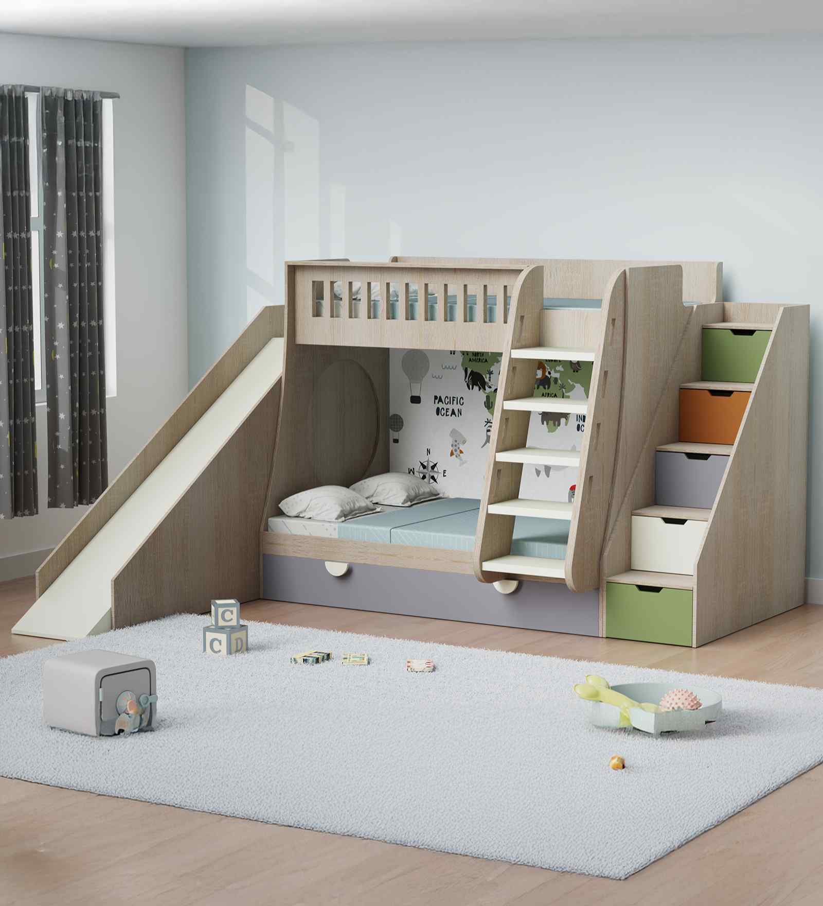 Hop N  Slide Bed  With Multicolor Staircase Storage & Ocean Print