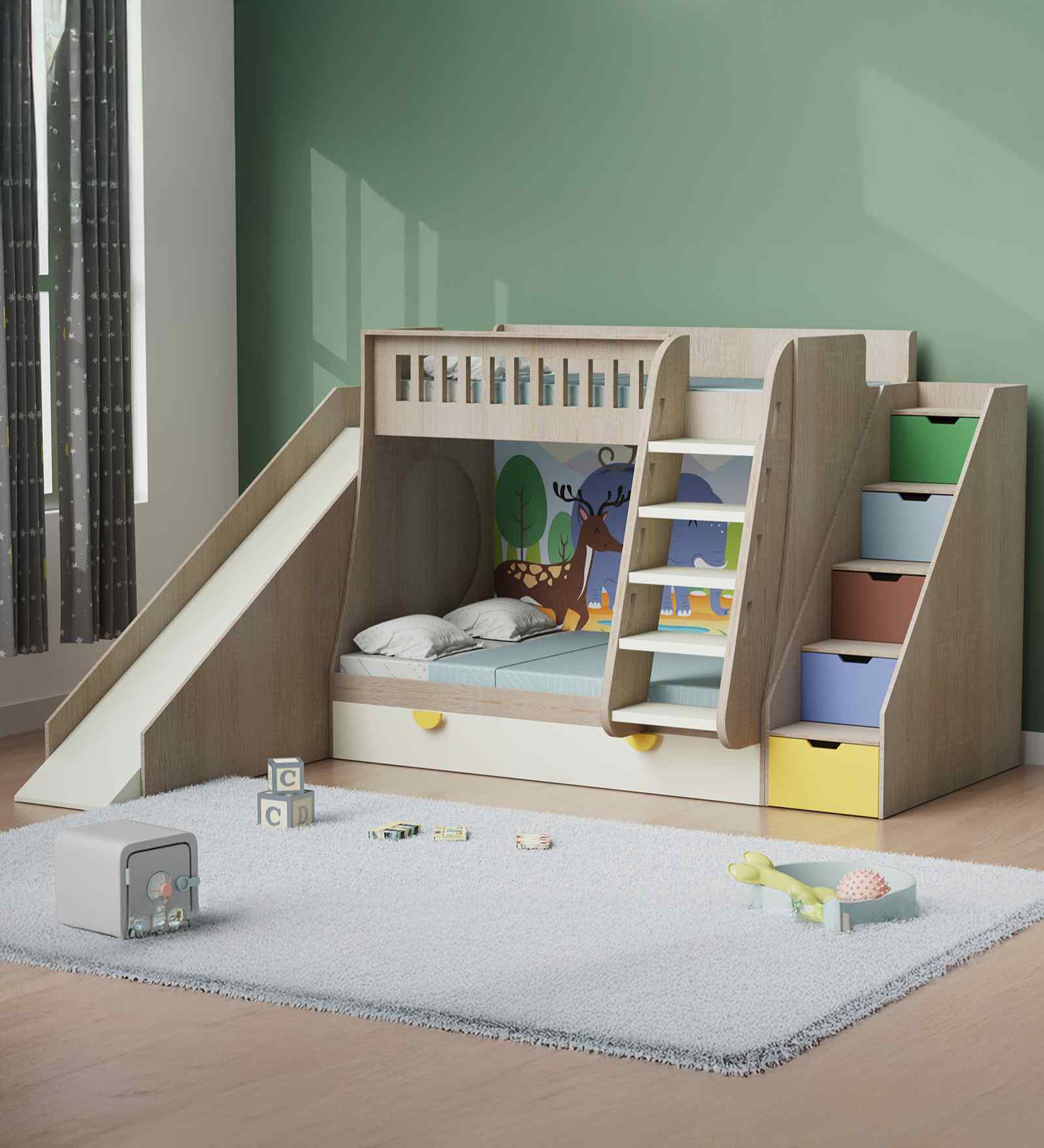 Hop N  Slide Bed Multicolor Staircase Storage & Animal print at the back