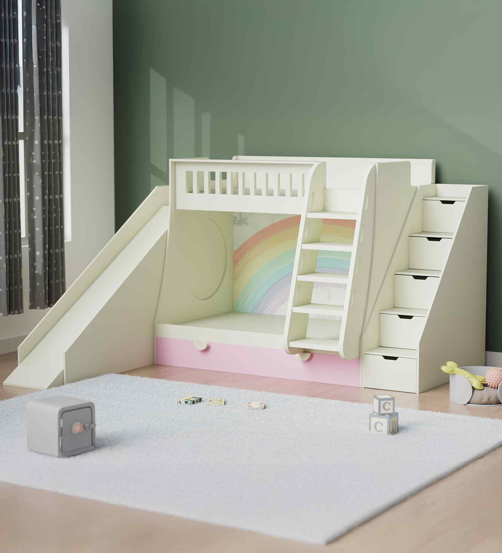 Hop N  Slide Bed  With Multicolor Staircase Storage & Rainbow Print