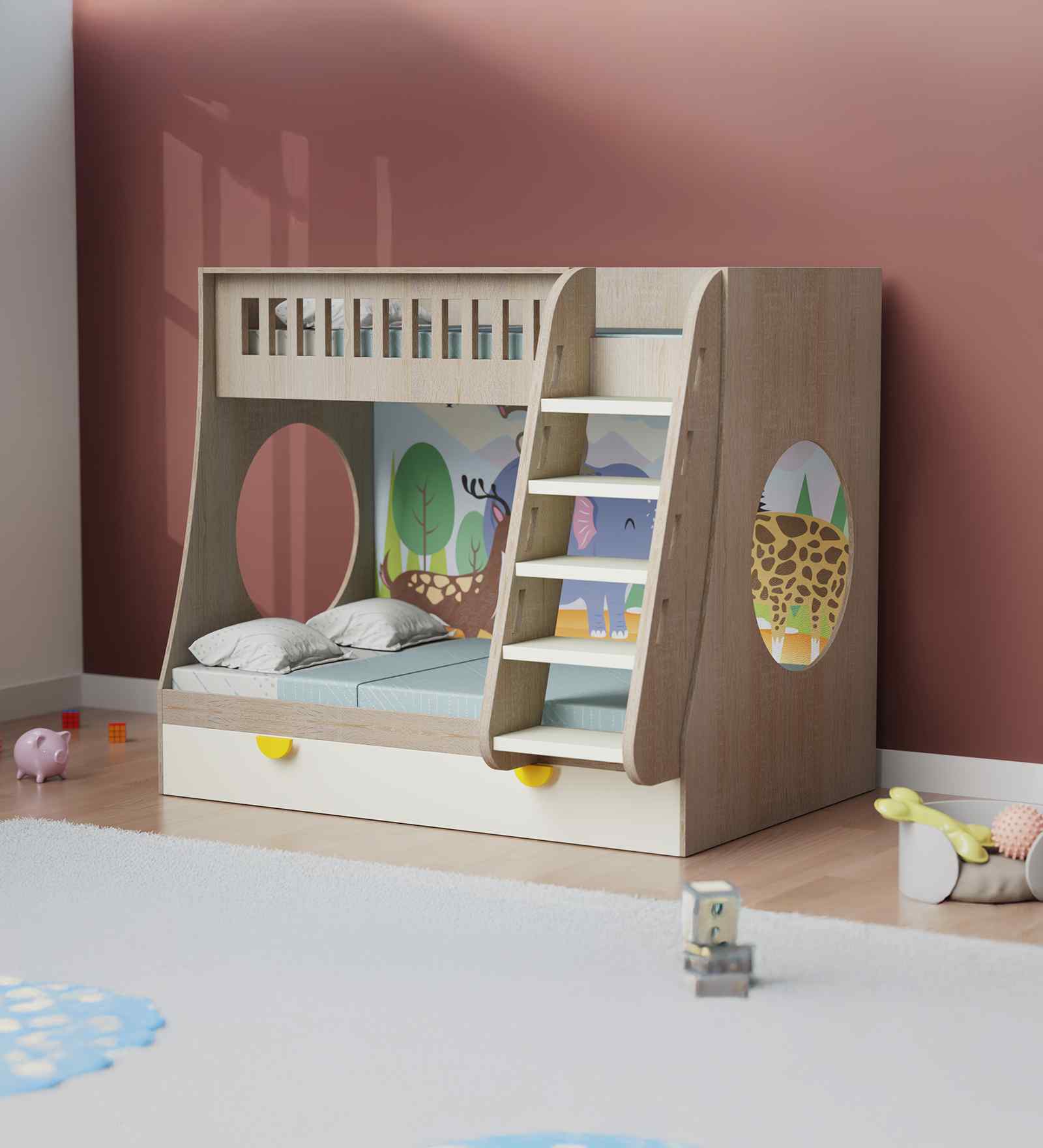 Hop on Top Bunk Bed  With White Drawers Storage, Ladder & Animal Print