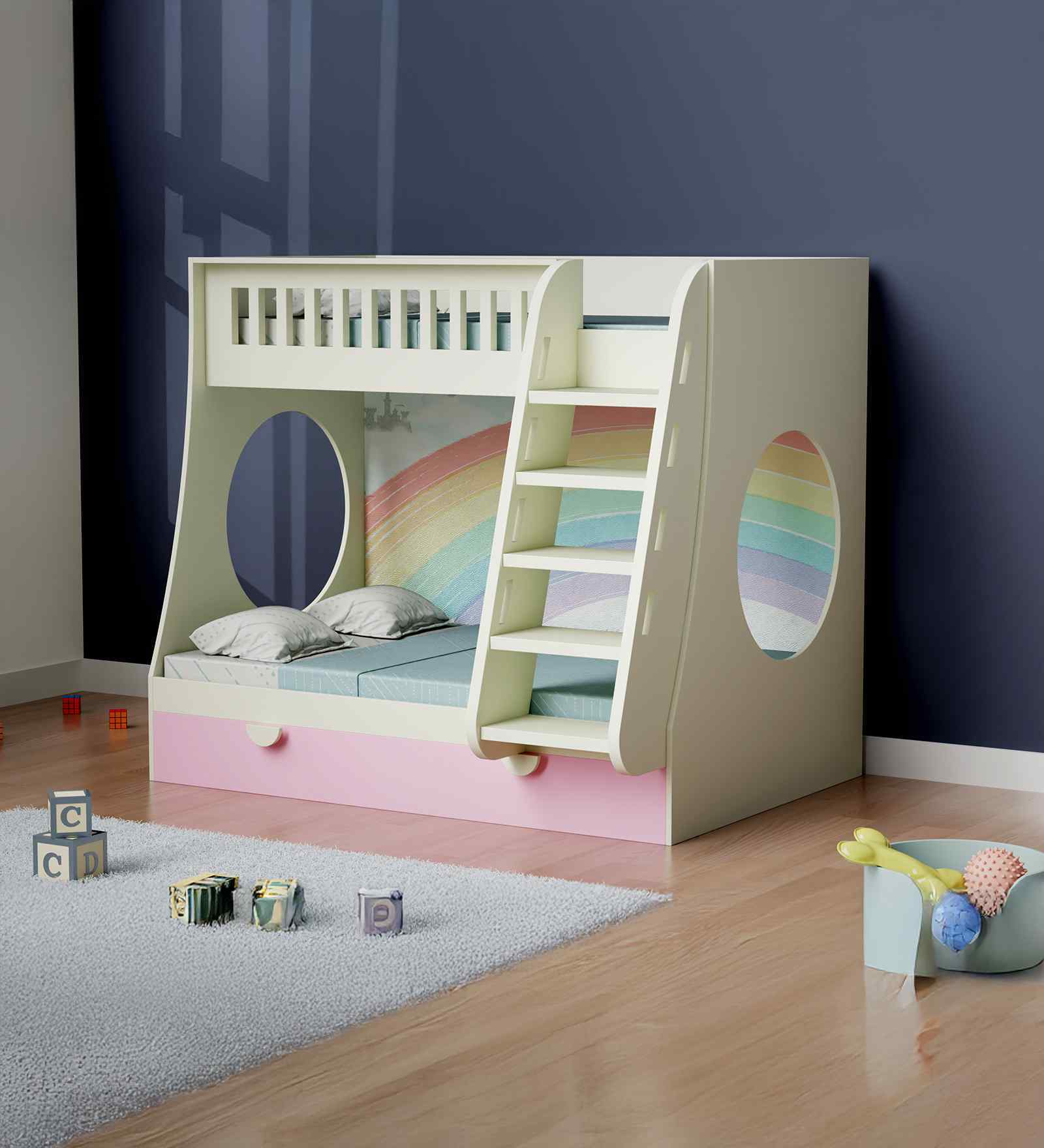 Hop on Top Bunk Bed  With Pink Drawers Storage, Ladder & Rainbow  Print