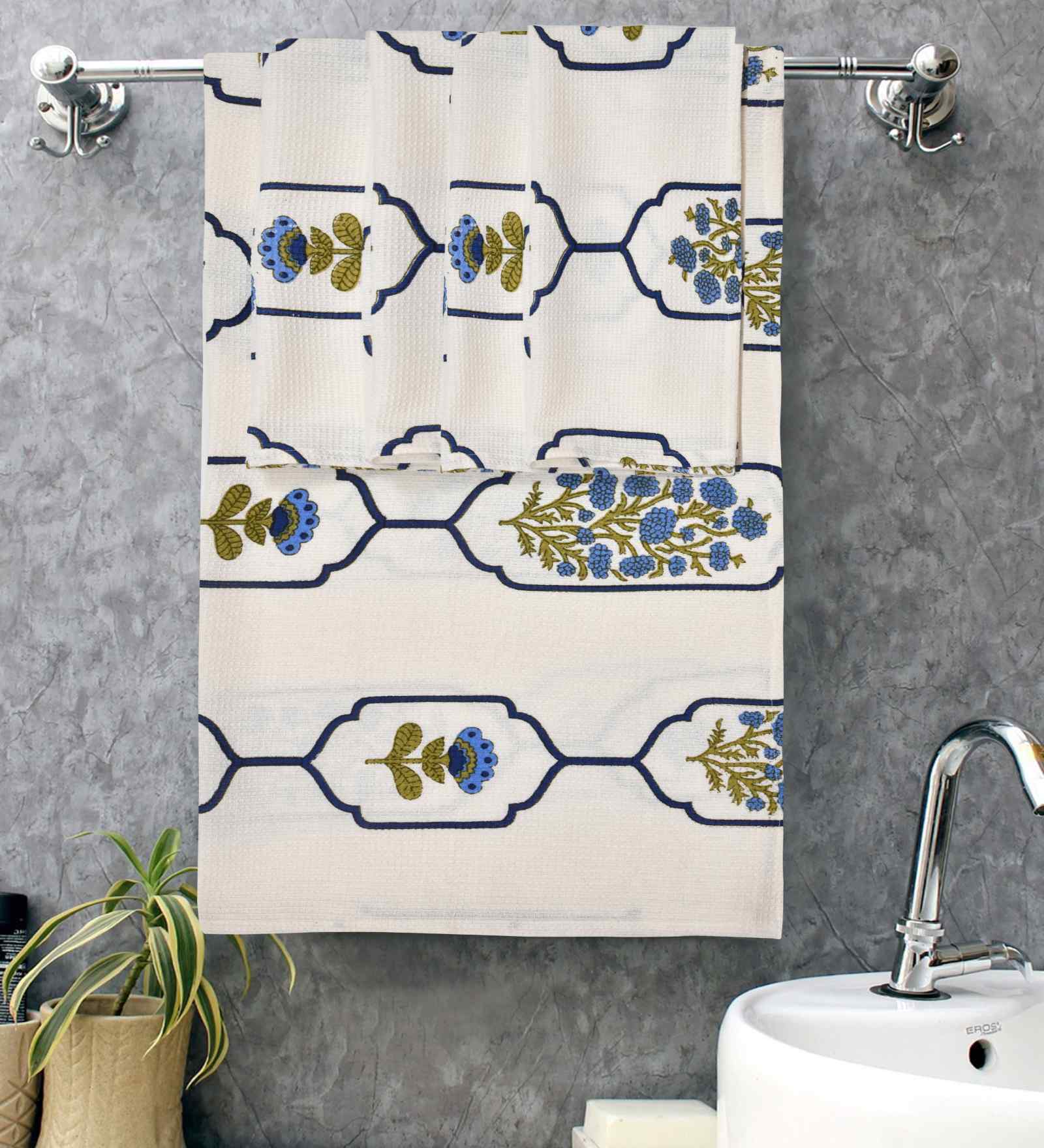 Horizon Blue Madhuban Floral Waffle Cotton 250 GSM Bath & Hand Towel Set