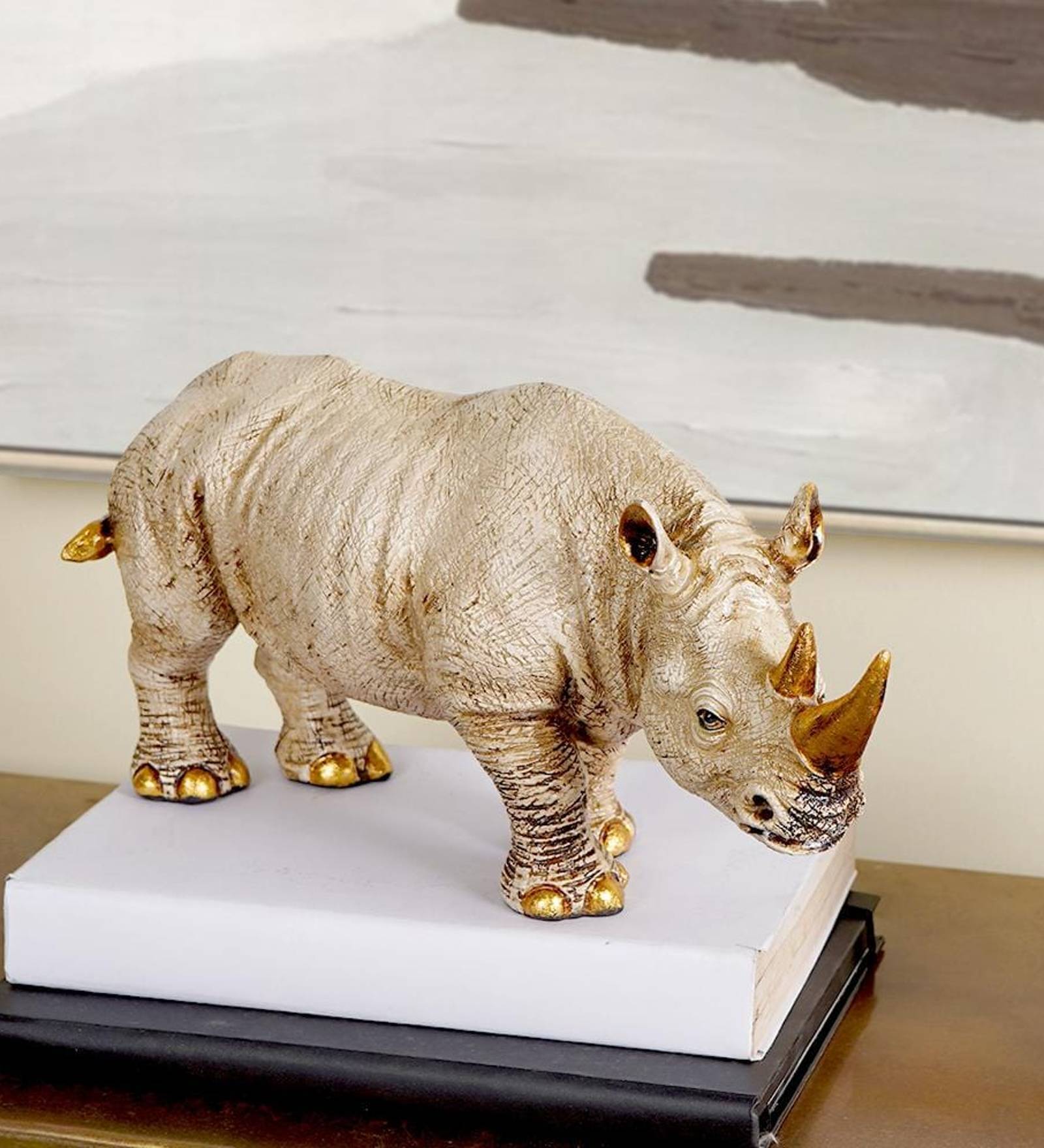 Horned Rhino Brown Resin Figurine