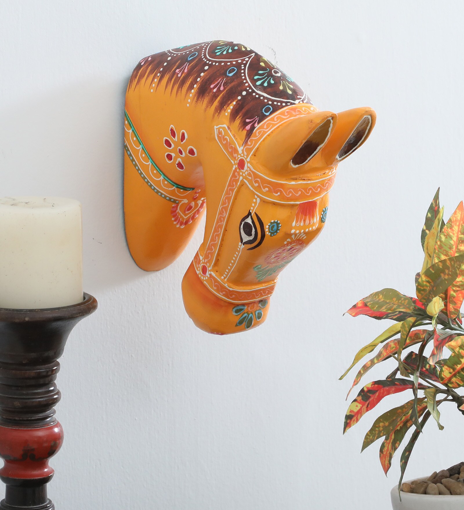 Orange Colour Horse Sclupture Mango Wood Wall Mask