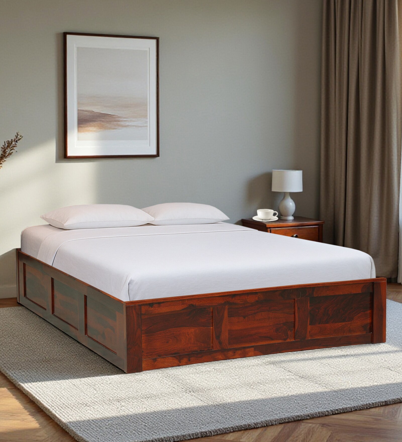 Horten Sheesham Wood King Size Bed In Honey Oak  Finish With Box Storage
