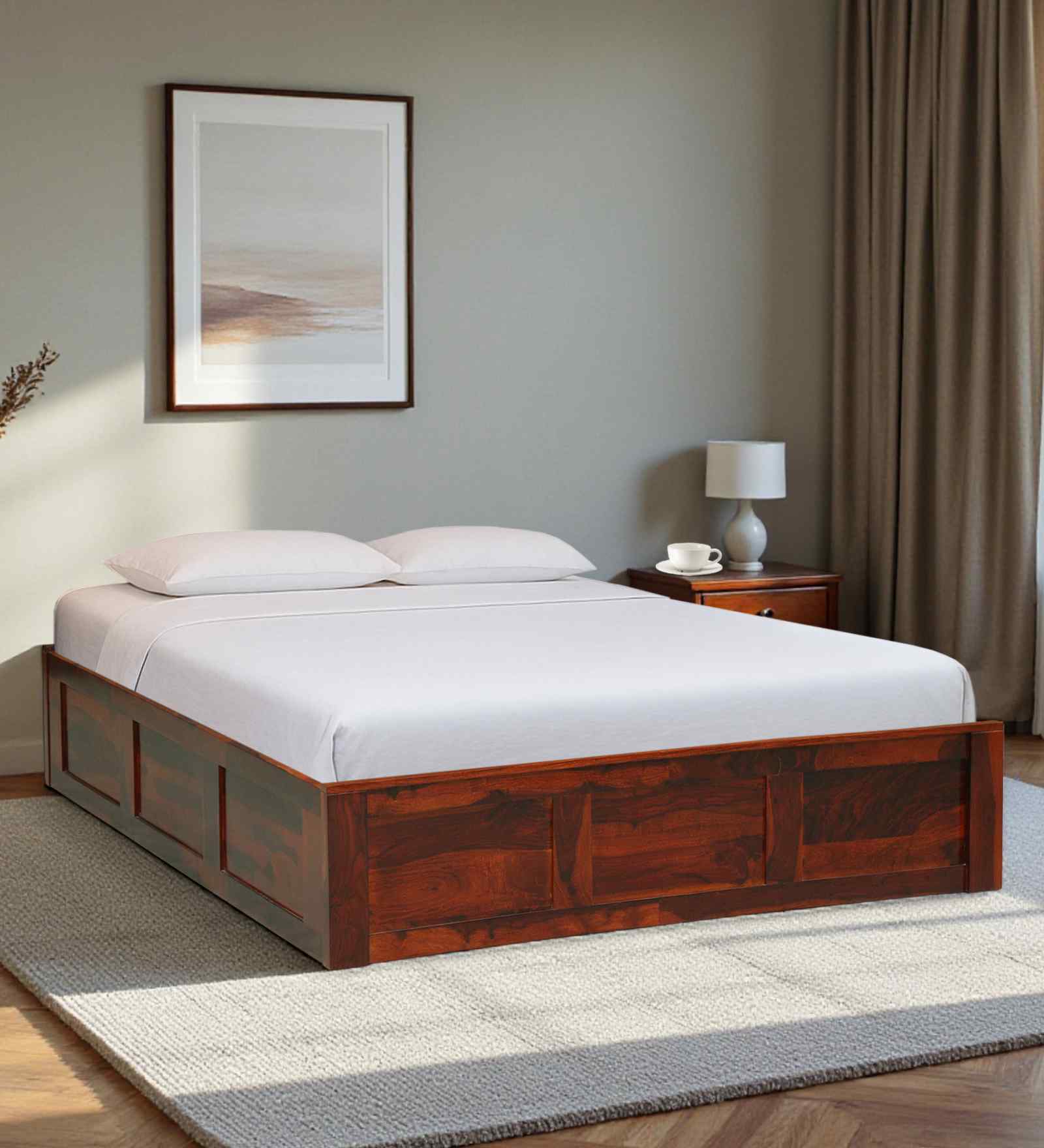 Horten Sheesham Wood Queen Size Bed In Honey Oak  Finish With Box Storage