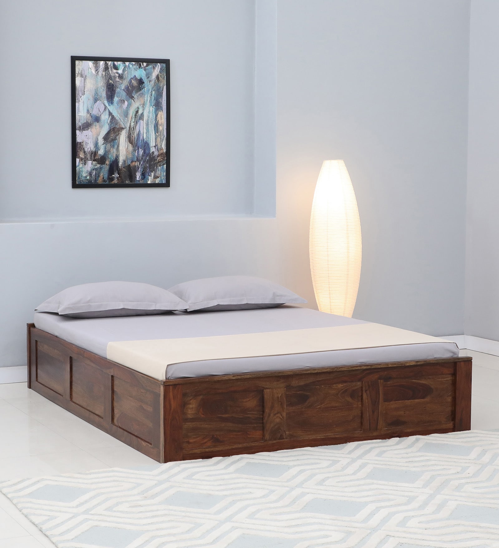 Horten Sheesham Wood Queen Size Bed In Provincial Teak Finish With Box Storage