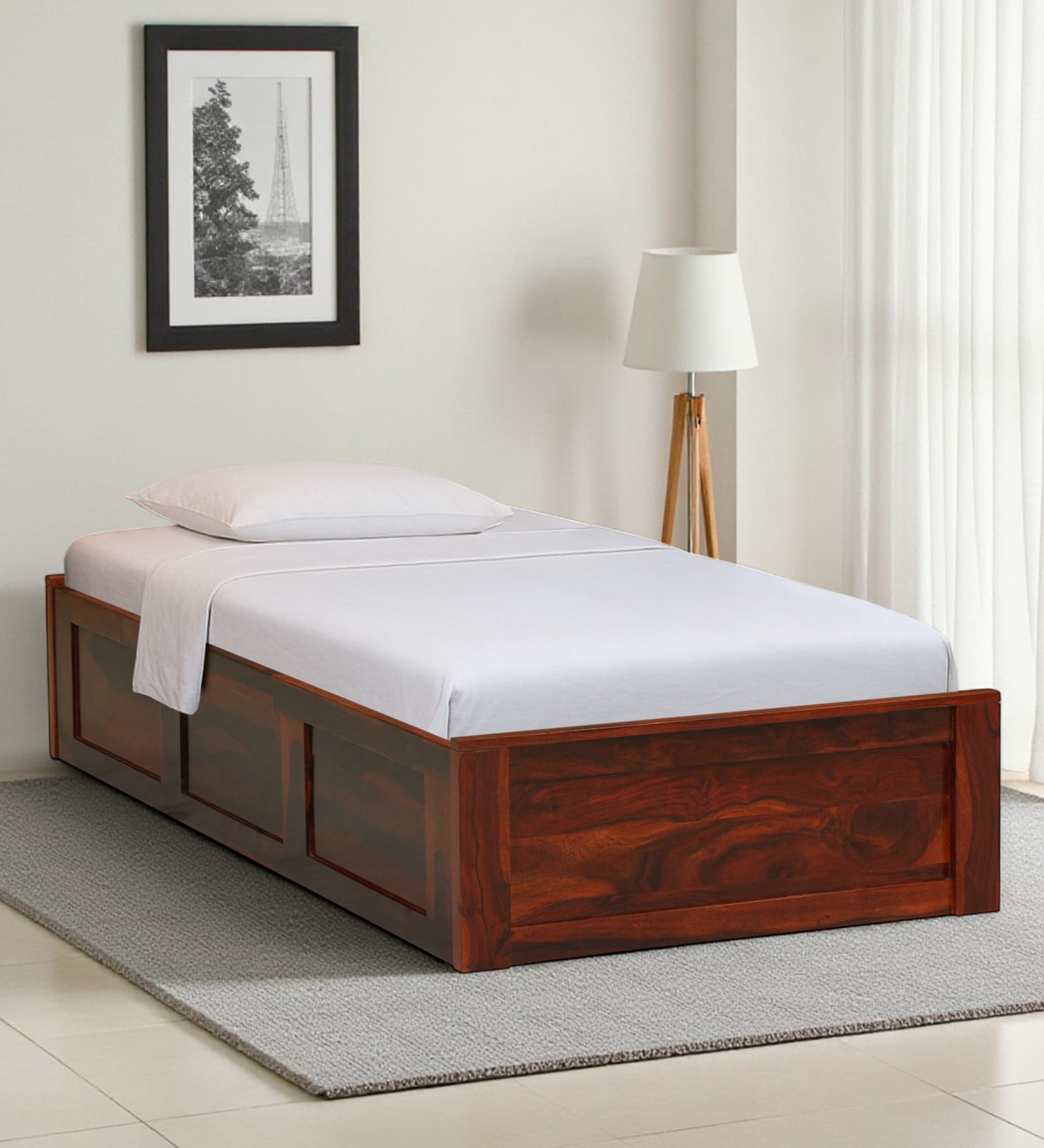 Horten Sheesham Wood Single Bed In Honey Oak  Finish With Box Storage