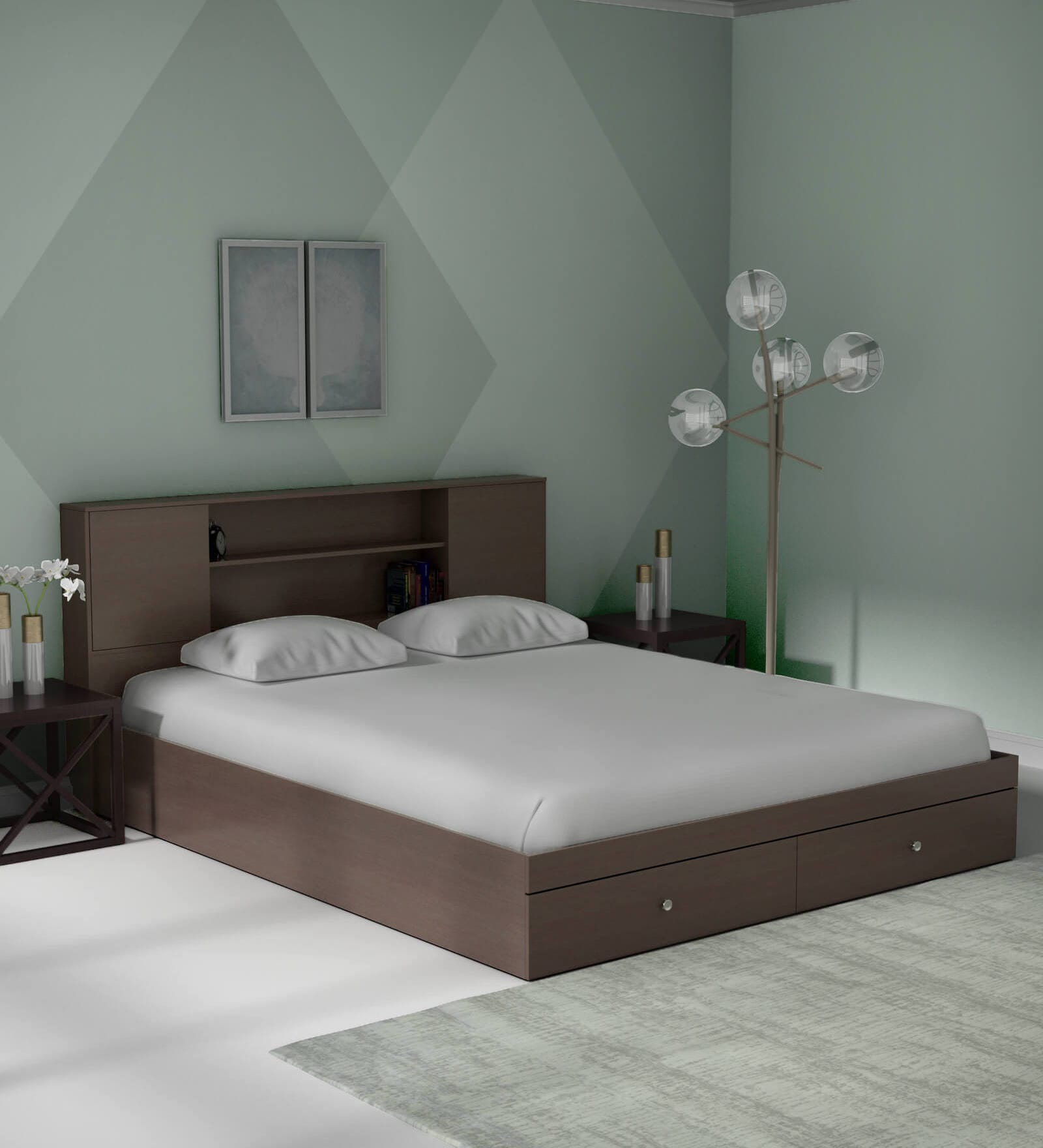 Buy Hoshi Queen Size Bed with Storage in Walnut Finish Mintwud by