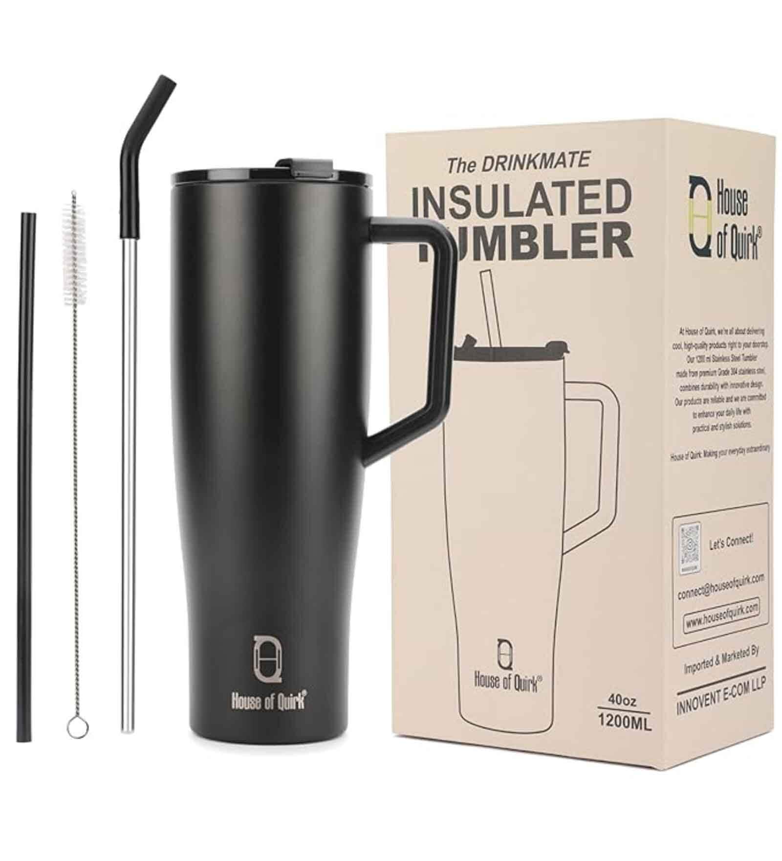 House of Quirk 1200ML Drinkmate Tumbler with Handle and 2 Straw Flip Lid, Stainless Steel Large Water Bottle Gifts for Women Men Him Her (Black)