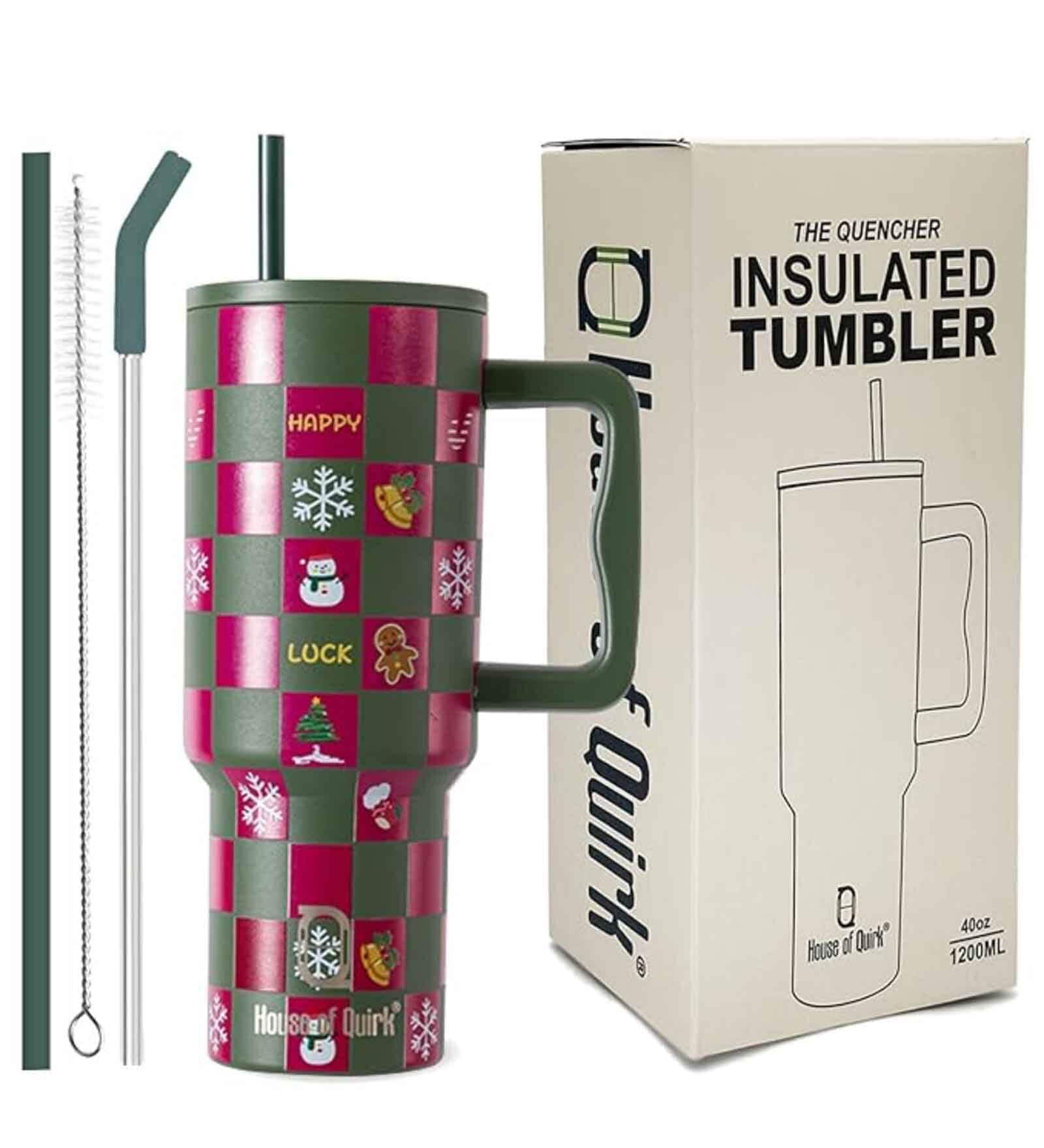 House of Quirk 1200ML Stainless Steel Christmas Tumbler Hot and Cold with Handle and Lid 2 Straw, Double Insulated Cup 100% Leak Proof Mug Cupholder for Gym, Travelling (Merry Maroon)