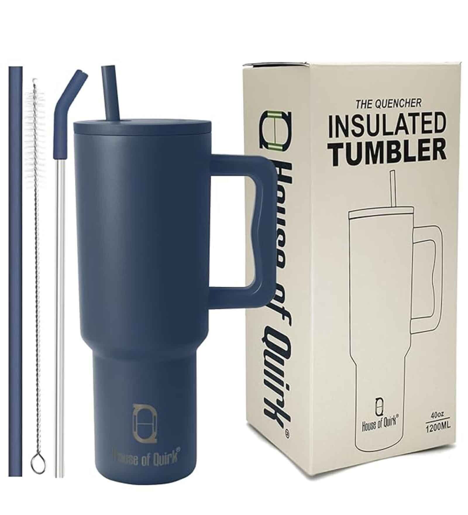House of Quirk 1200ML Stainless Steel Tumbler Hot and Cold with Handle and Lid 2 Straw, Double Insulated Cup 100% Leak Proof Mug Cupholder for Gym, Travelling (Shadow Blue)