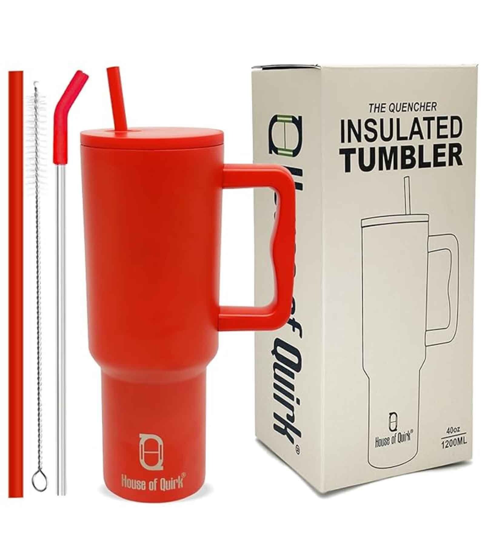 House of Quirk 1200ML Stainless Steel Tumbler Hot and Cold with Handle and Lid 2 Straw, Double Insulated Cup 100% Leak Proof Mug Cupholder for Gym, Travelling (Red)