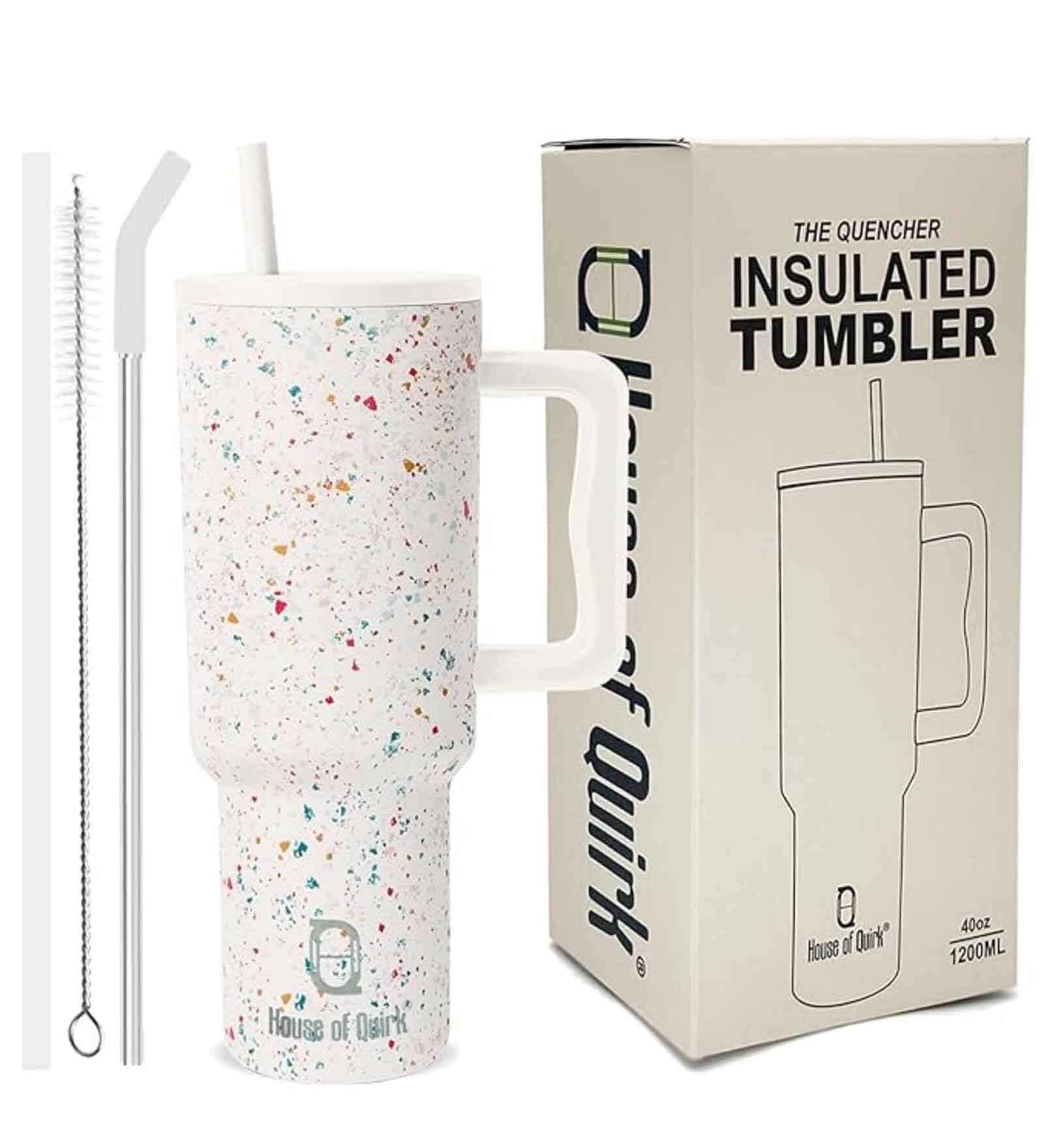 House of Quirk 1200ML Stainless Steel Tumbler Hot and Cold with Handle and Lid 2 Straw, Double Insulated Cup 100% Leak Proof Mug Cupholder for Gym, Travelling (Cream Paint)
