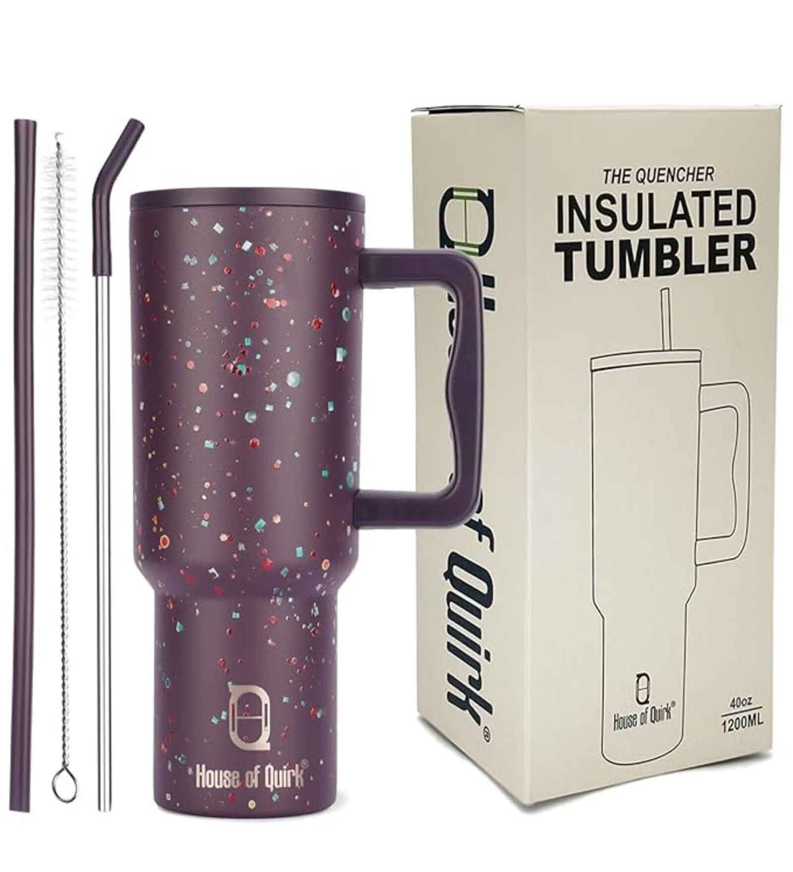 House of Quirk 1200ML Stainless Steel Tumbler Hot and Cold with Handle and Lid 2 Straw, Double Insulated Cup 100% Leak Proof Mug Cupholder for Gym, Travelling (Plum Terrazzo)