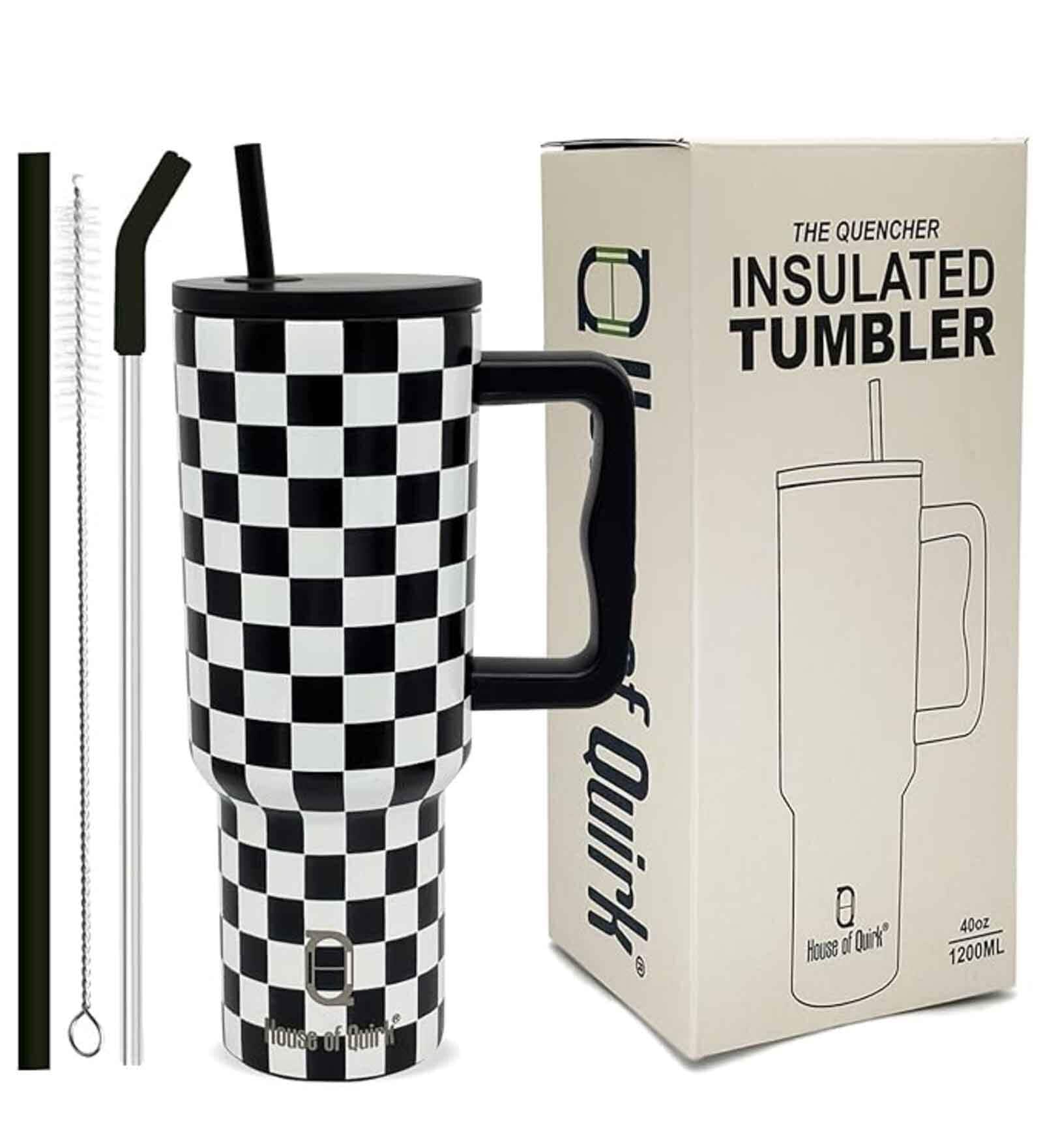 House of Quirk 1200ML Stainless Steel Tumbler Hot and Cold with Handle and Lid 2 Straw, Double Insulated Cup 100% Leak Proof Mug Cupholder for Gym, Travelling (Chess)