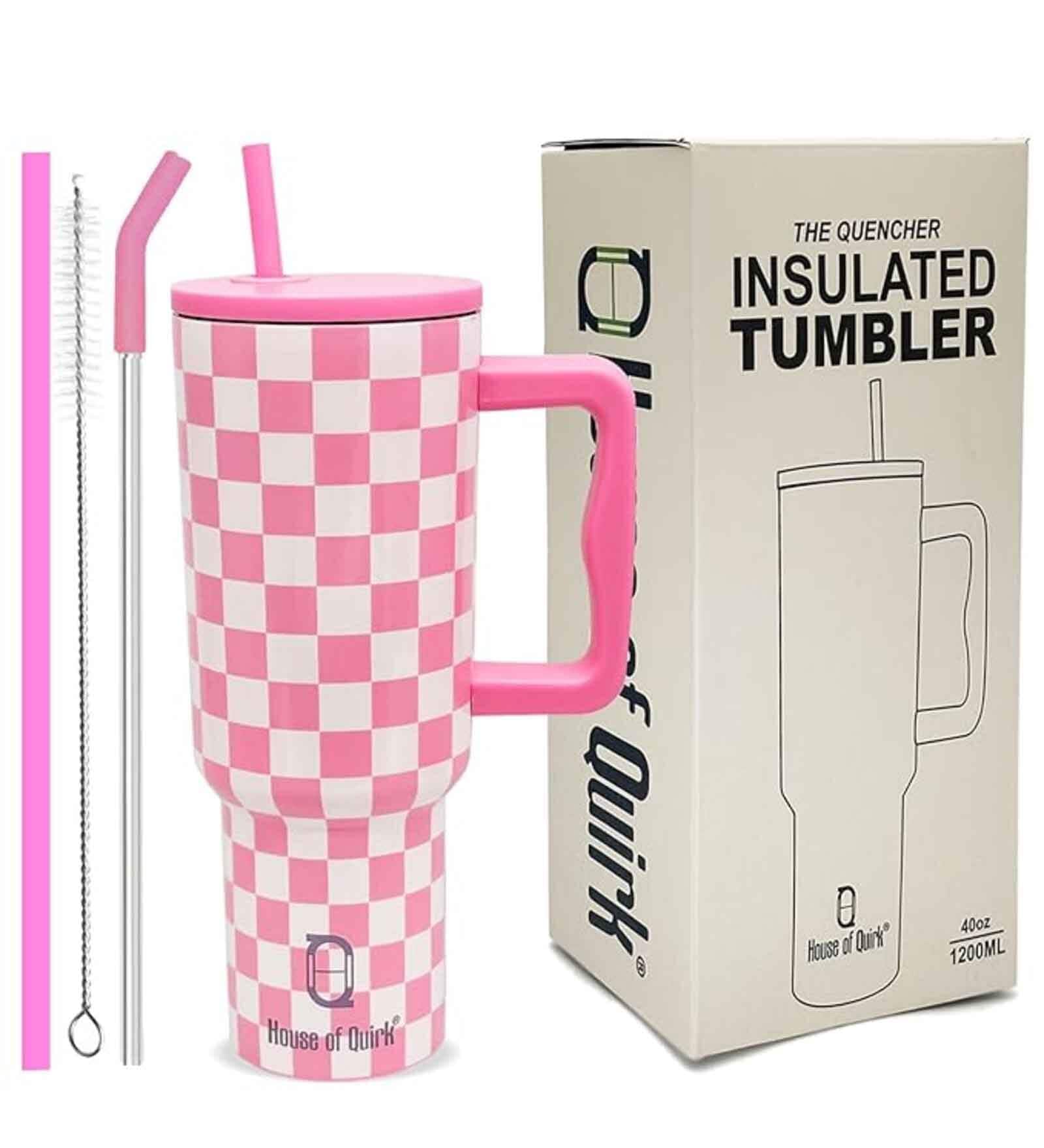 House of Quirk 1200ML Stainless Steel Tumbler Hot and Cold with Handle and Lid 2 Straw, Double Insulated Cup 100% Leak Proof Mug Cupholder for Gym, Travelling (Pink Check)